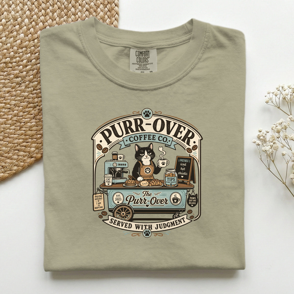 Purr-Over Coffee Co. graphic tee in Khaki, folded flat lay