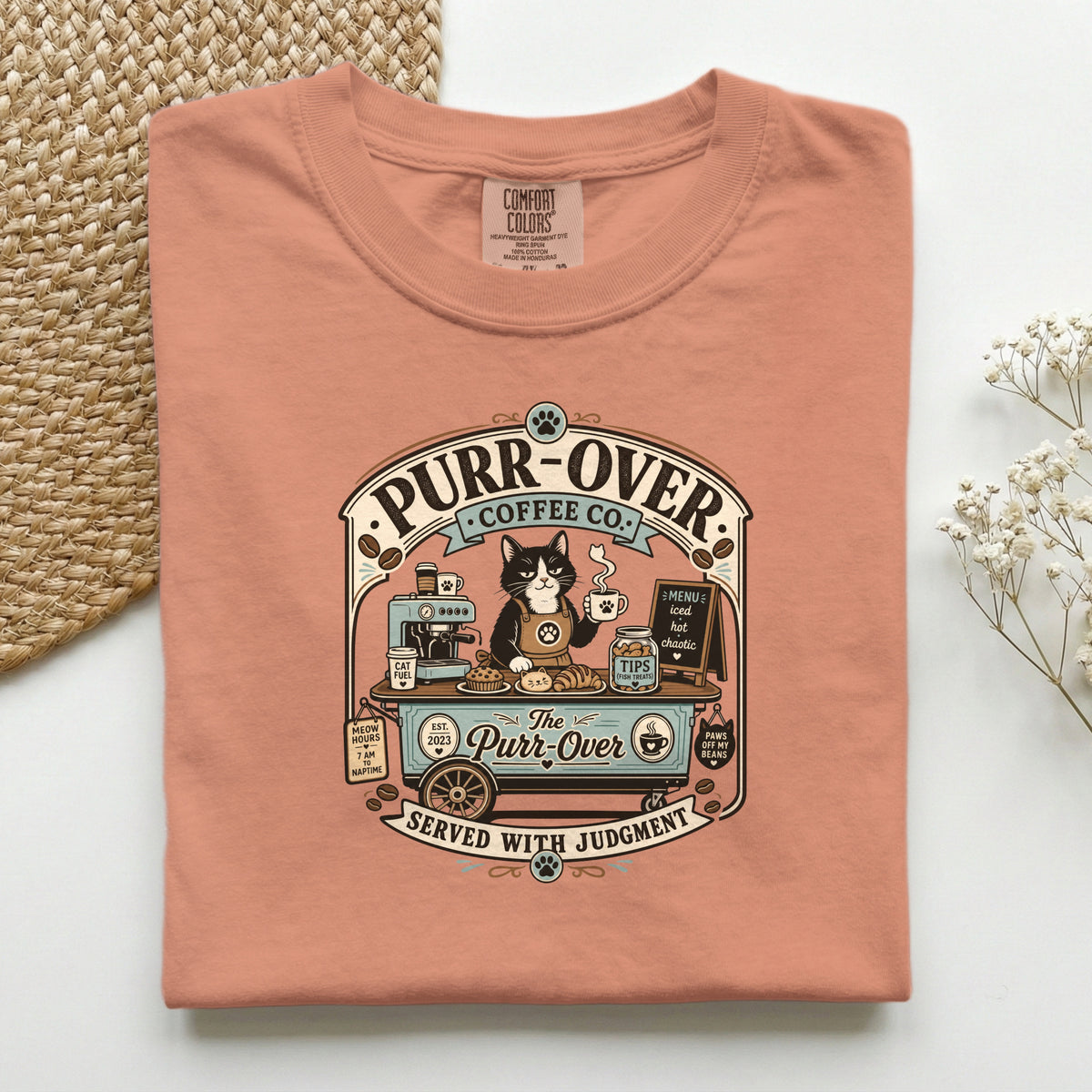 Purr-Over Coffee Co. graphic tee in Terracotta, folded flat lay