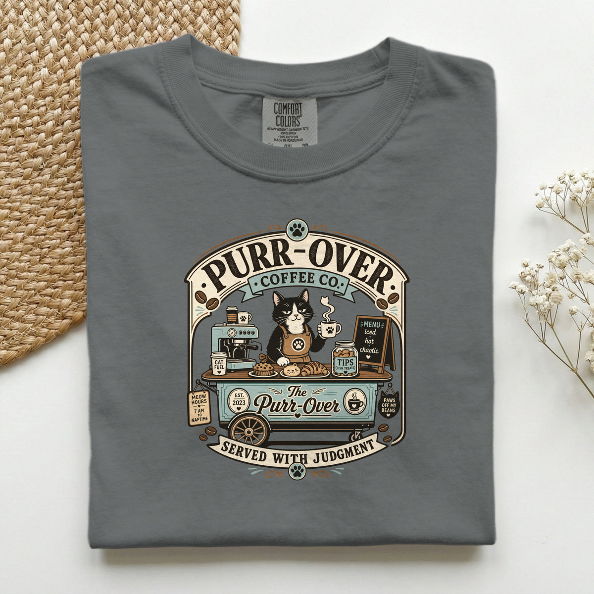 Purr-Over Coffee Co. graphic tee in Yam, folded flat lay