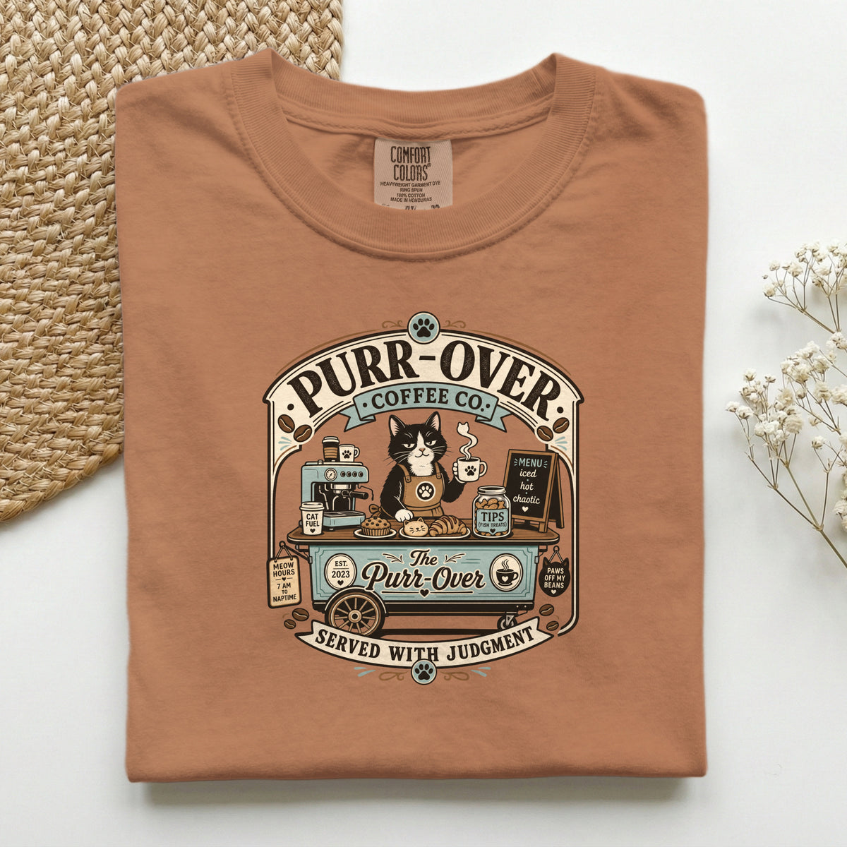 Purr-Over Coffee Co. graphic tee in Espresso, folded flat lay