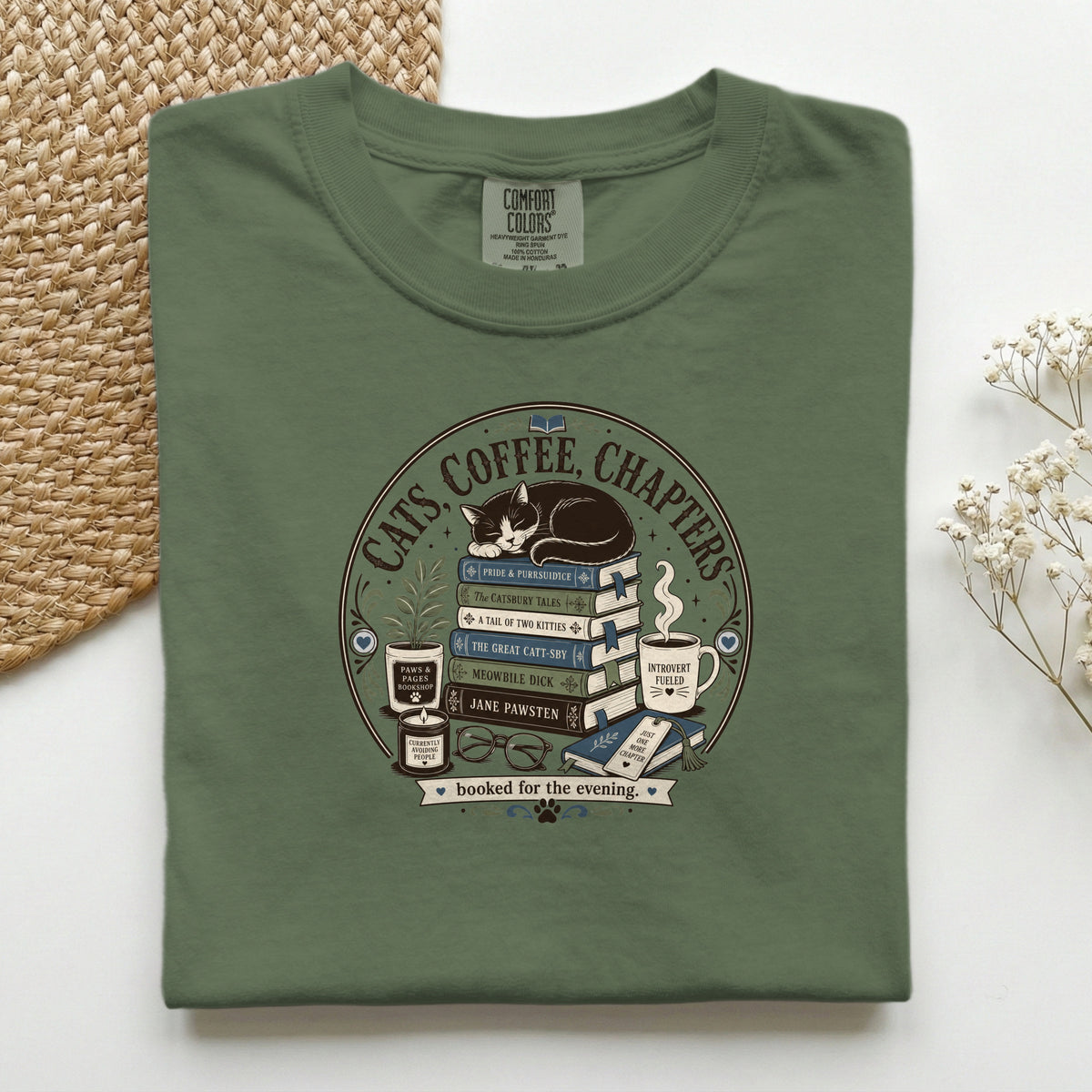 Cats Coffee Chapters graphic tee in Burnt Orange, folded flat lay