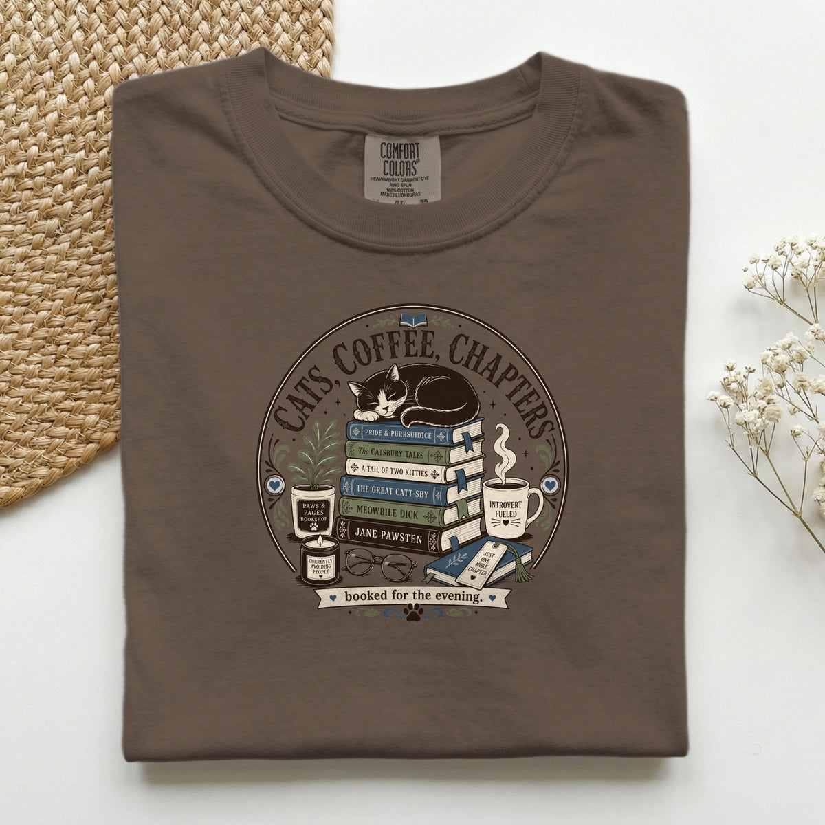 Cats Coffee Chapters graphic tee in Hemp, folded flat lay