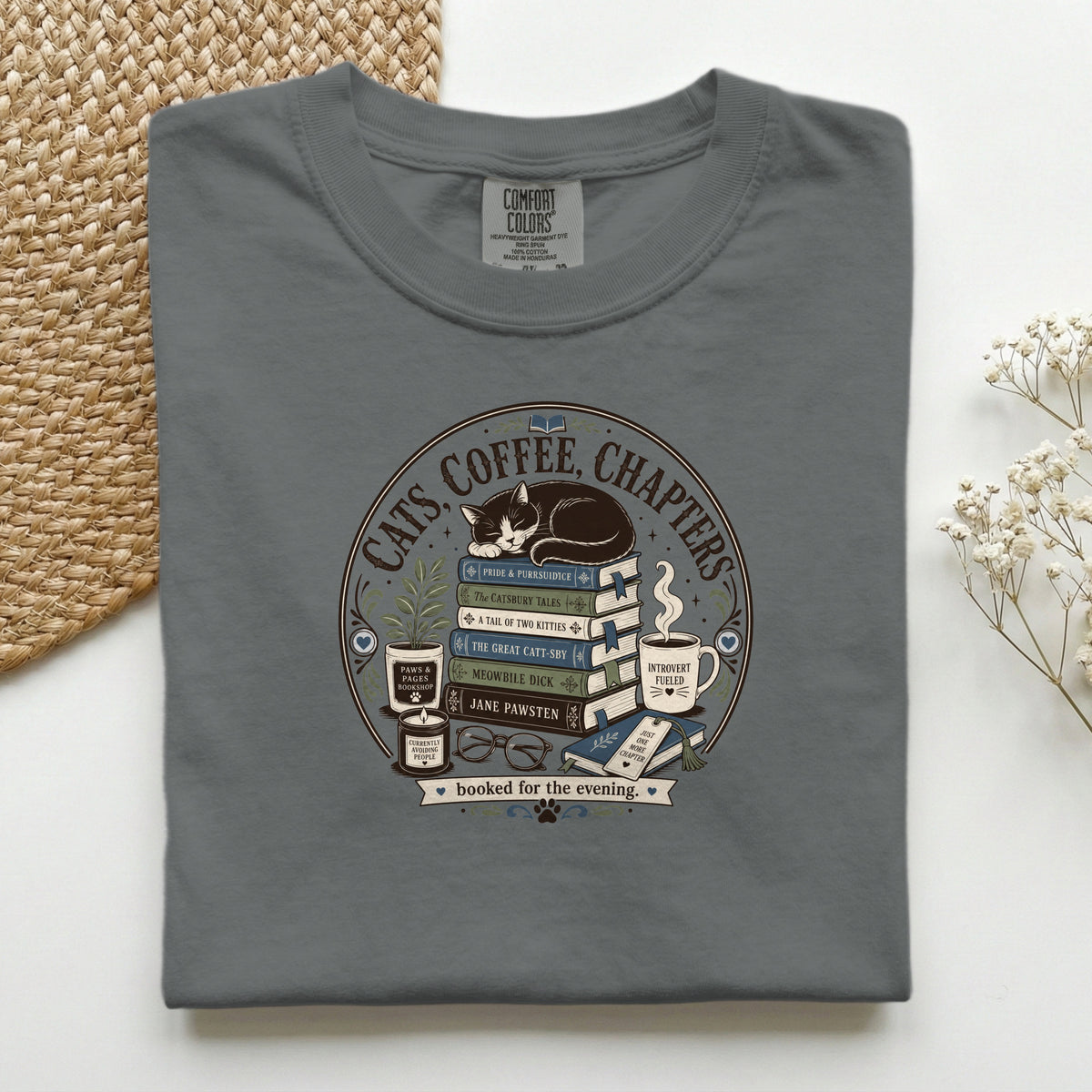 Cats Coffee Chapters graphic tee in Khaki, folded flat lay