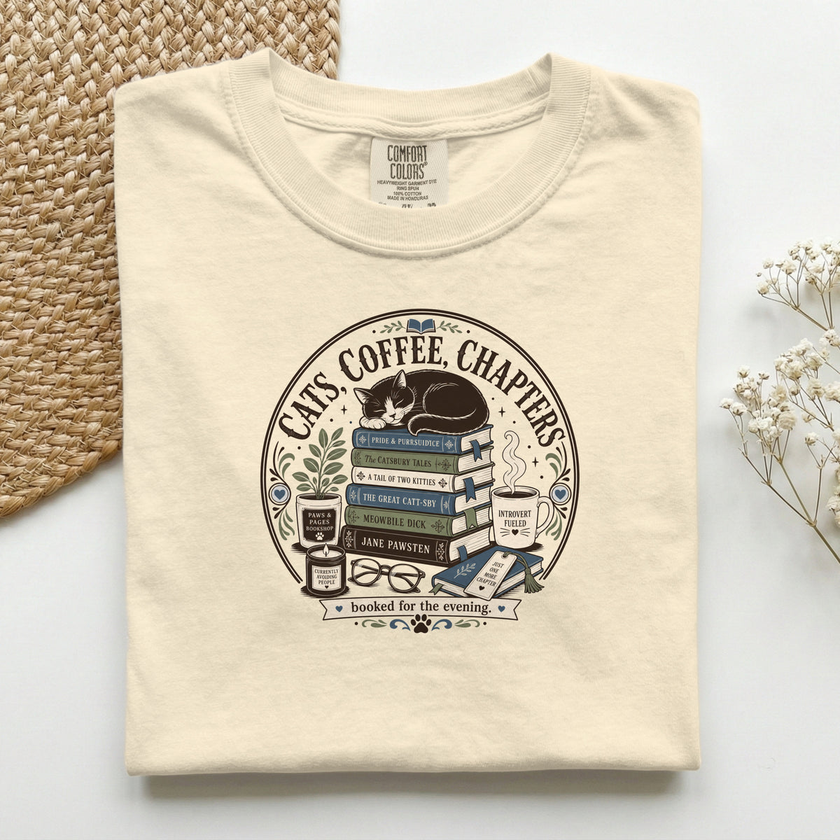 Cats Coffee Chapters graphic tee in Mustard, folded flat lay