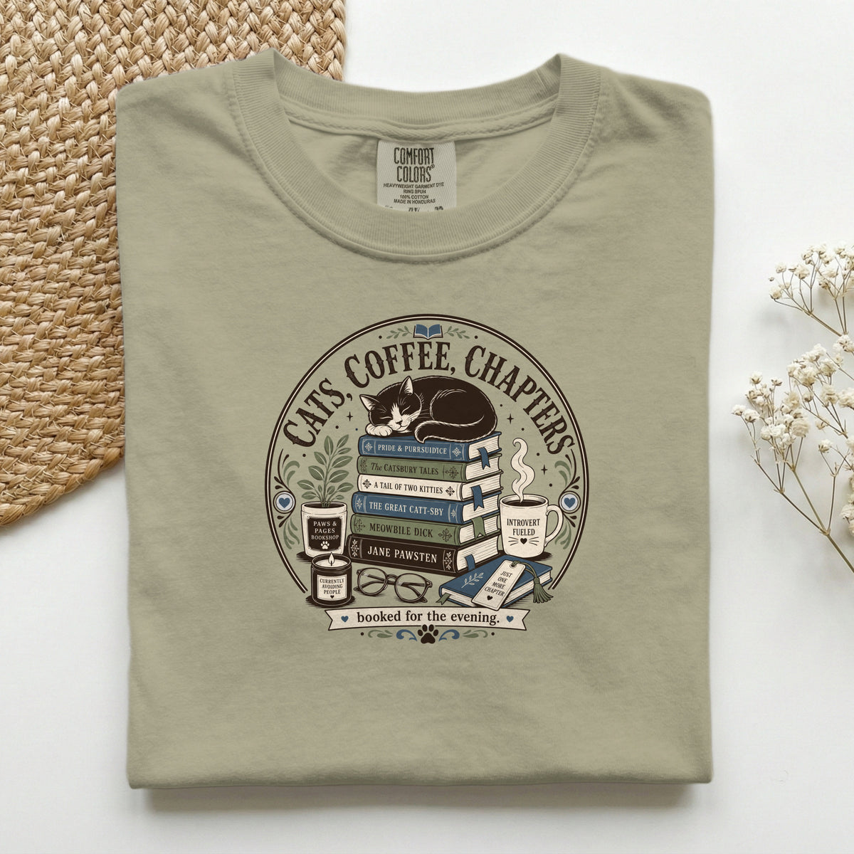 Cats Coffee Chapters graphic tee in Pepper, folded flat lay