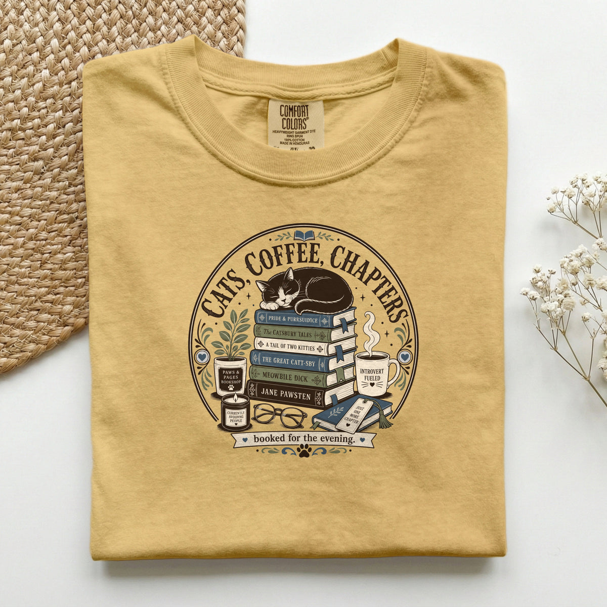 Cats Coffee Chapters graphic tee in Terracotta, folded flat lay