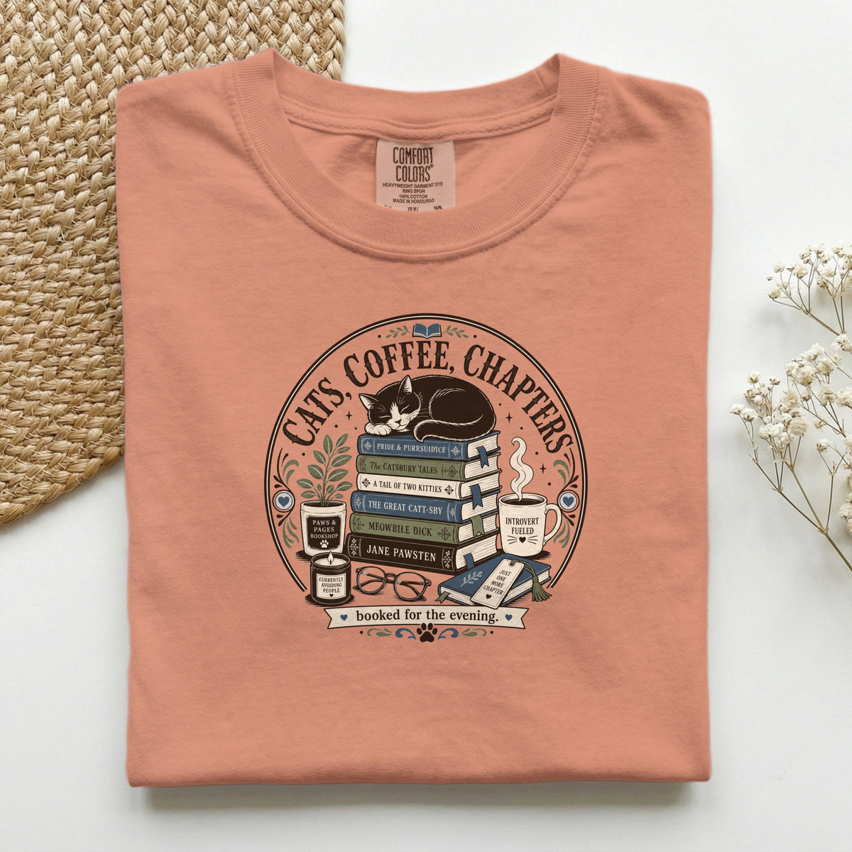 Cats Coffee Chapters graphic tee in Espresso, folded flat lay