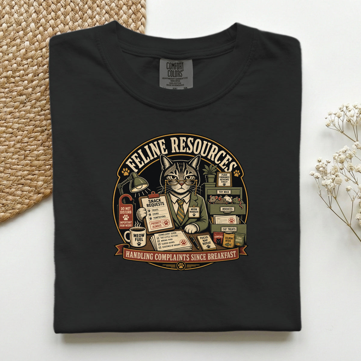 Feline Resources graphic tee in Black, folded flat lay