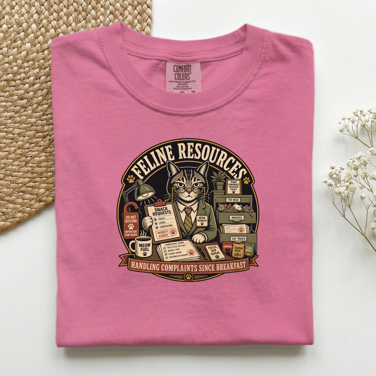 Feline Resources graphic tee in Crunchberry, folded flat lay