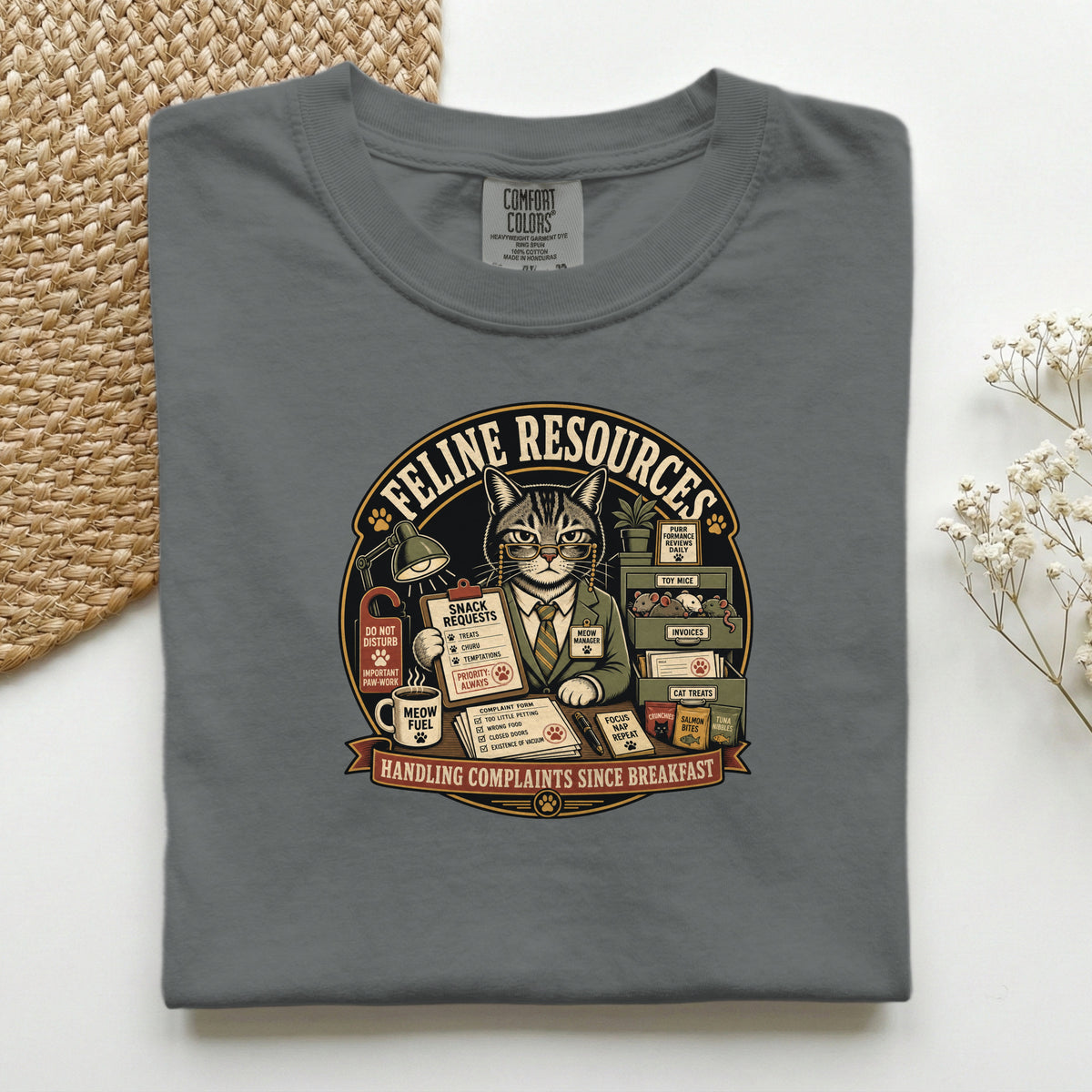 Feline Resources graphic tee in Burnt Orange, folded flat lay