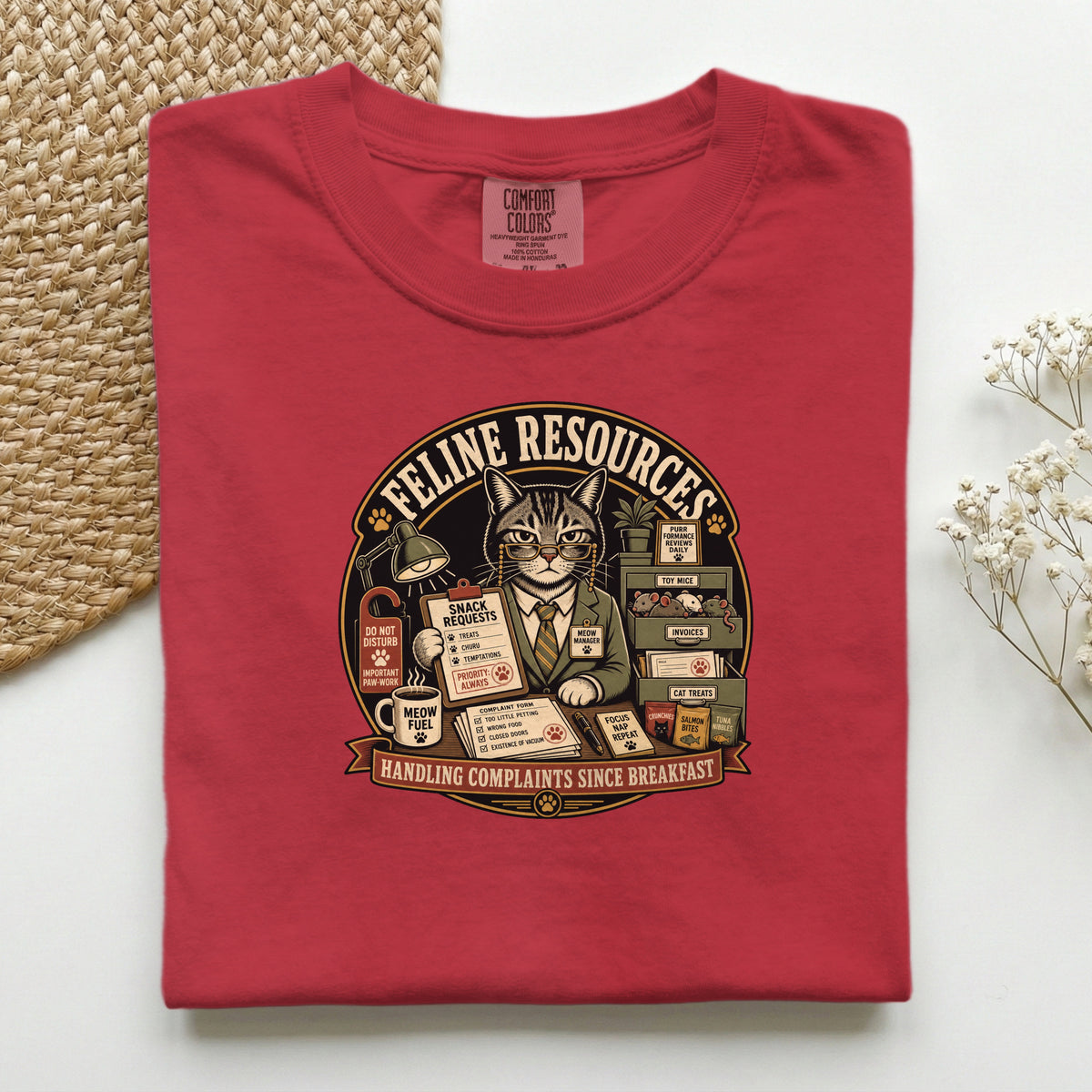 Feline Resources graphic tee in Mustard, folded flat lay
