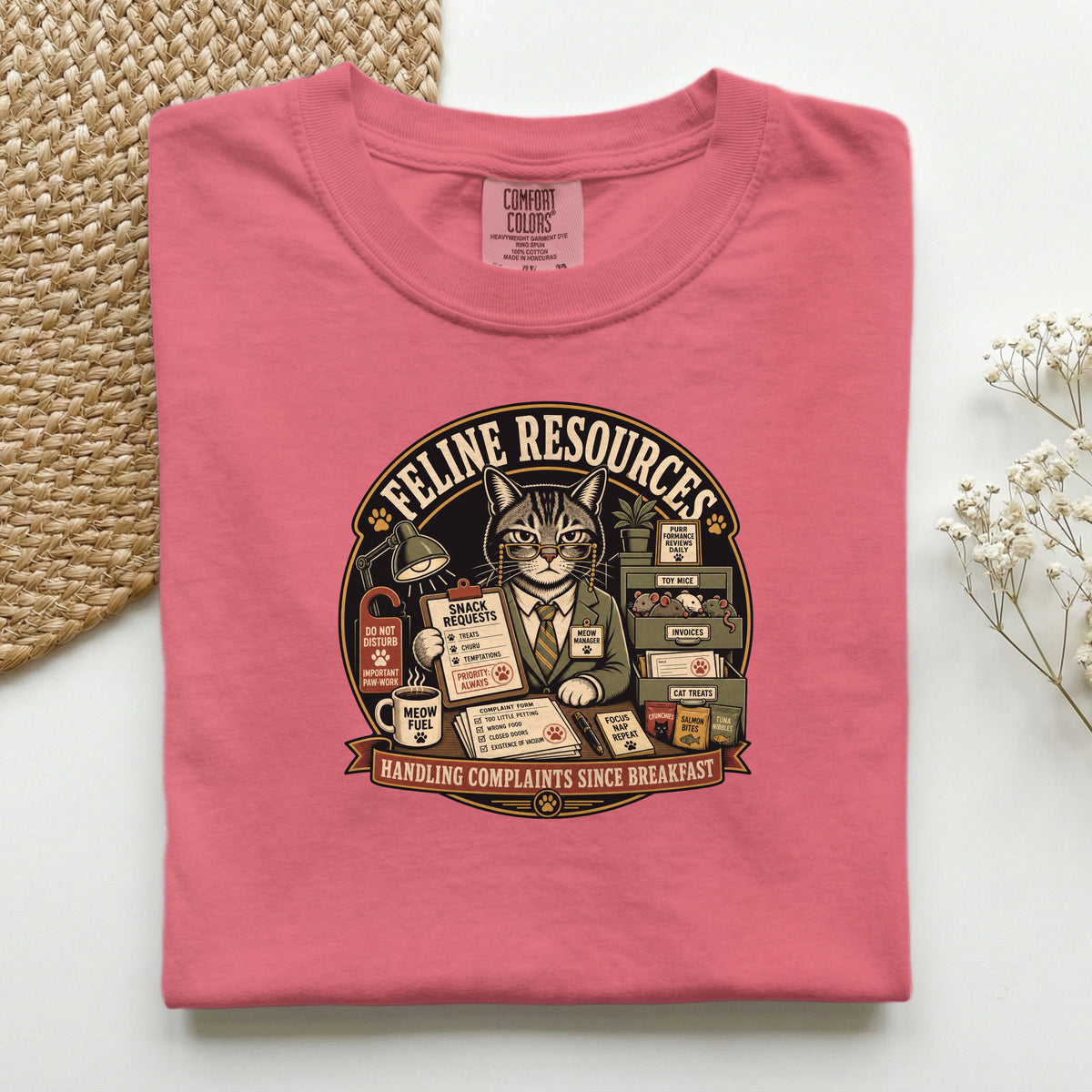 Feline Resources graphic tee in Watermelon, folded flat lay