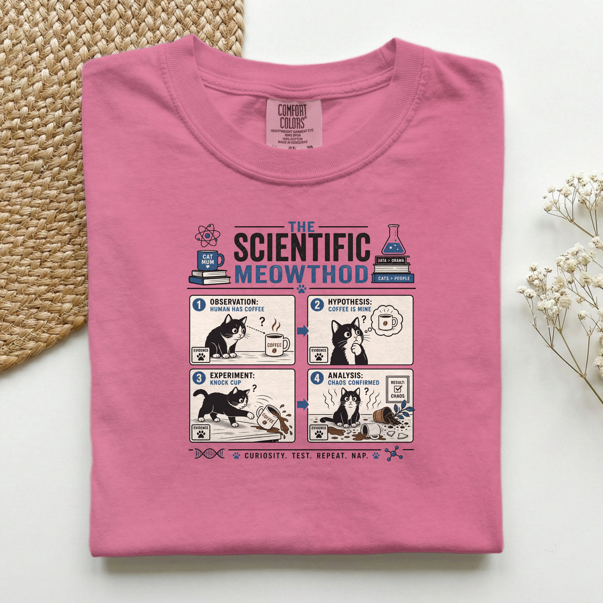 Scientific Meowthod graphic tee in Red, folded flat lay
