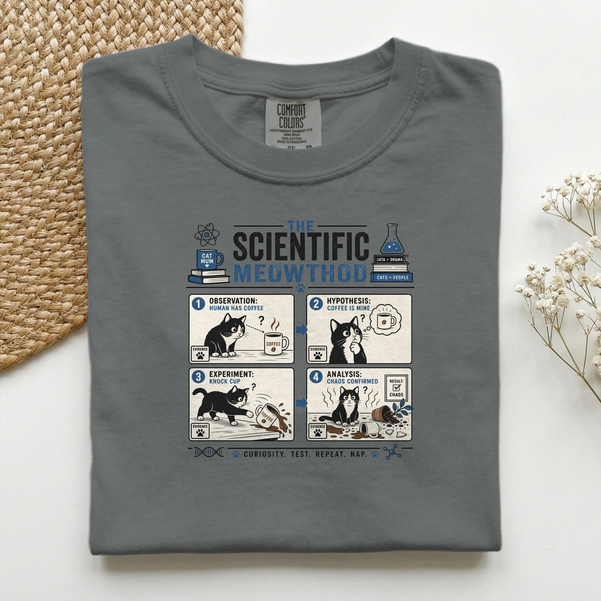Scientific Meowthod graphic tee in Mustard, folded flat lay
