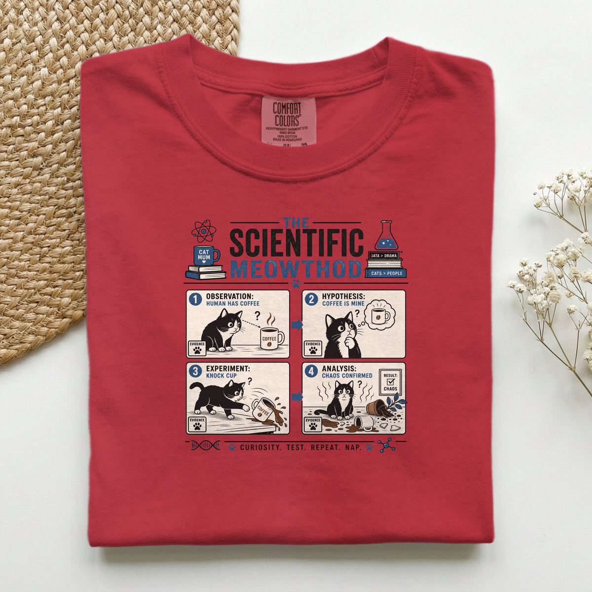 Scientific Meowthod graphic tee in Watermelon, folded flat lay