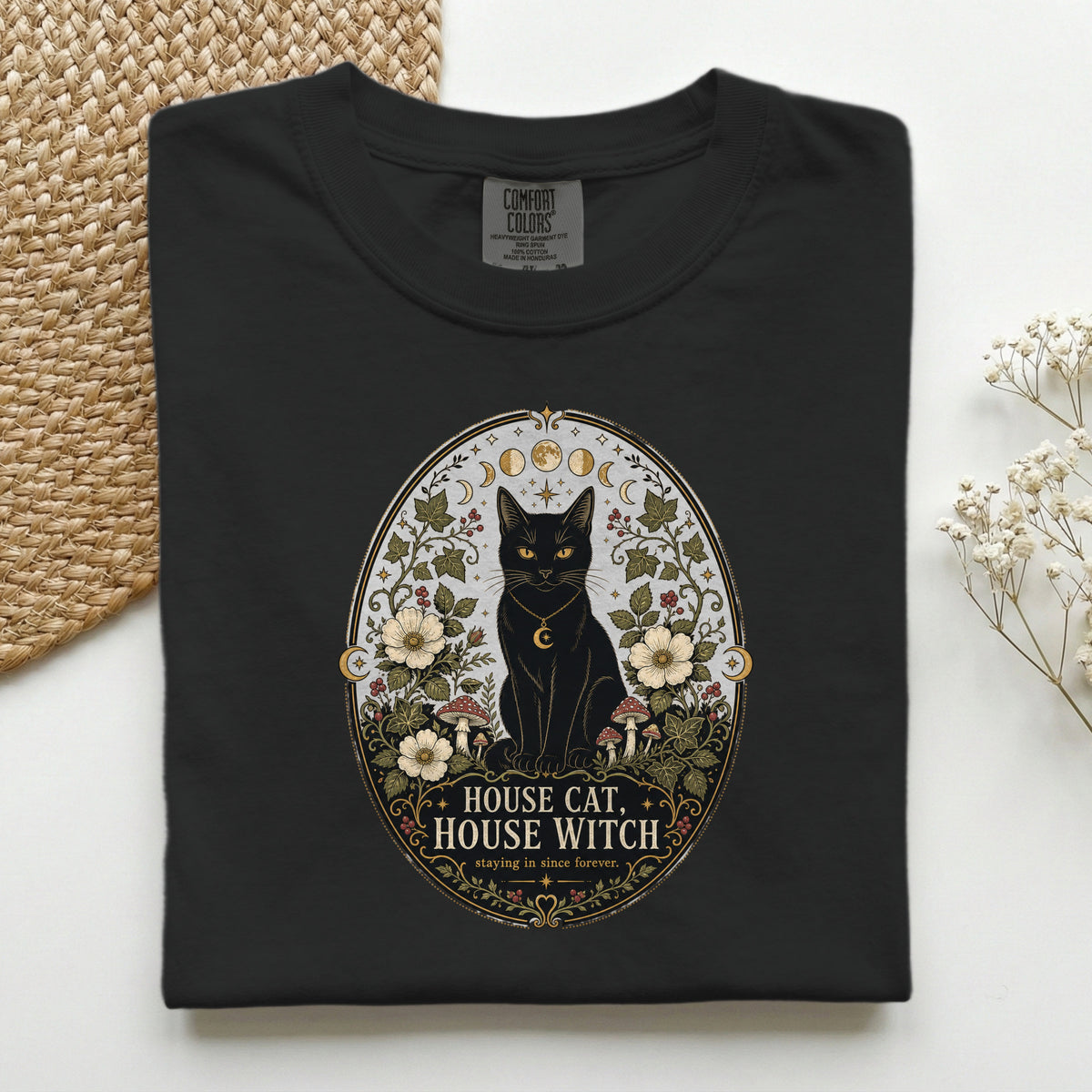 House Cat House Witch graphic tee in Black, folded flat lay