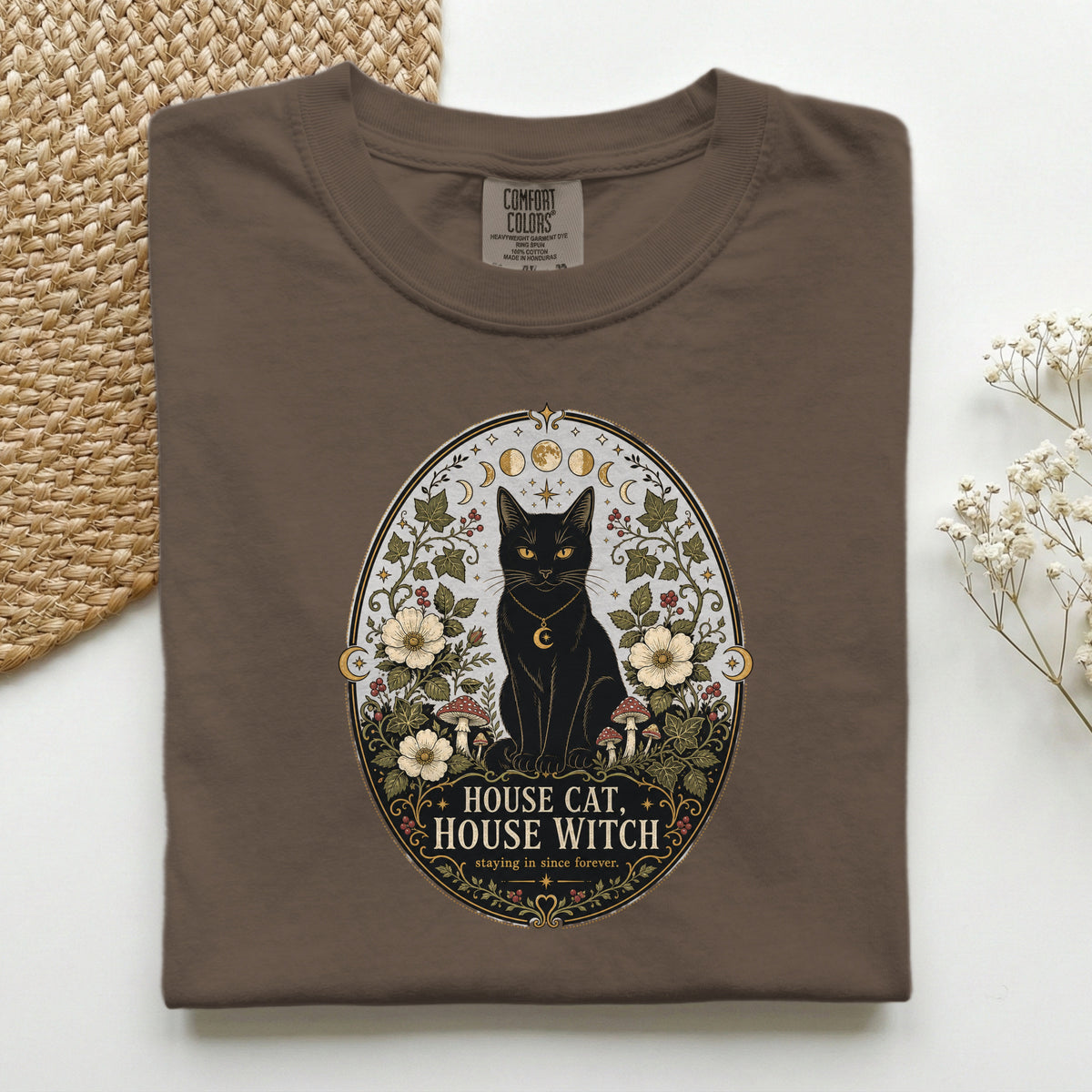 House Cat House Witch graphic tee in Espresso, folded flat lay