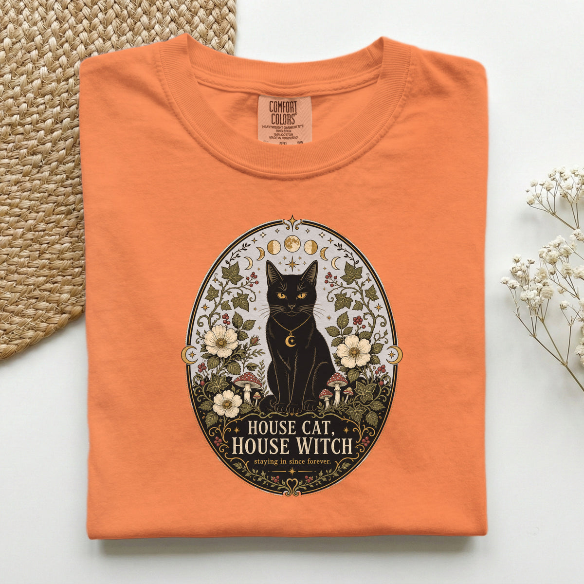 House Cat House Witch graphic tee in Burnt Orange, folded flat lay