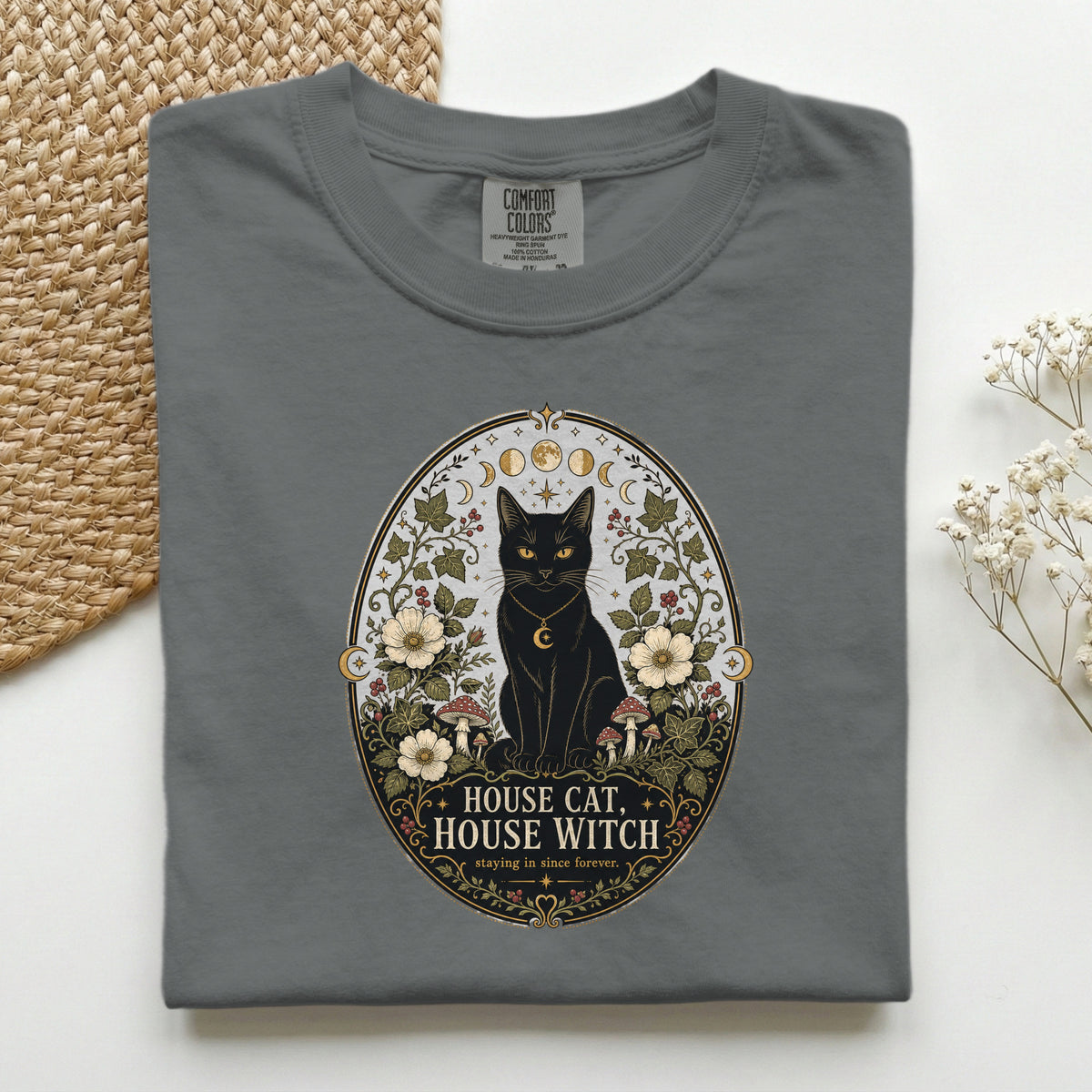 House Cat House Witch graphic tee in Pepper, folded flat lay