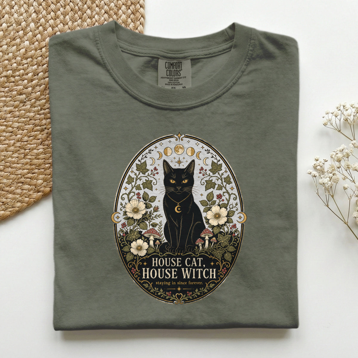 House Cat House Witch graphic tee in Moss, folded flat lay