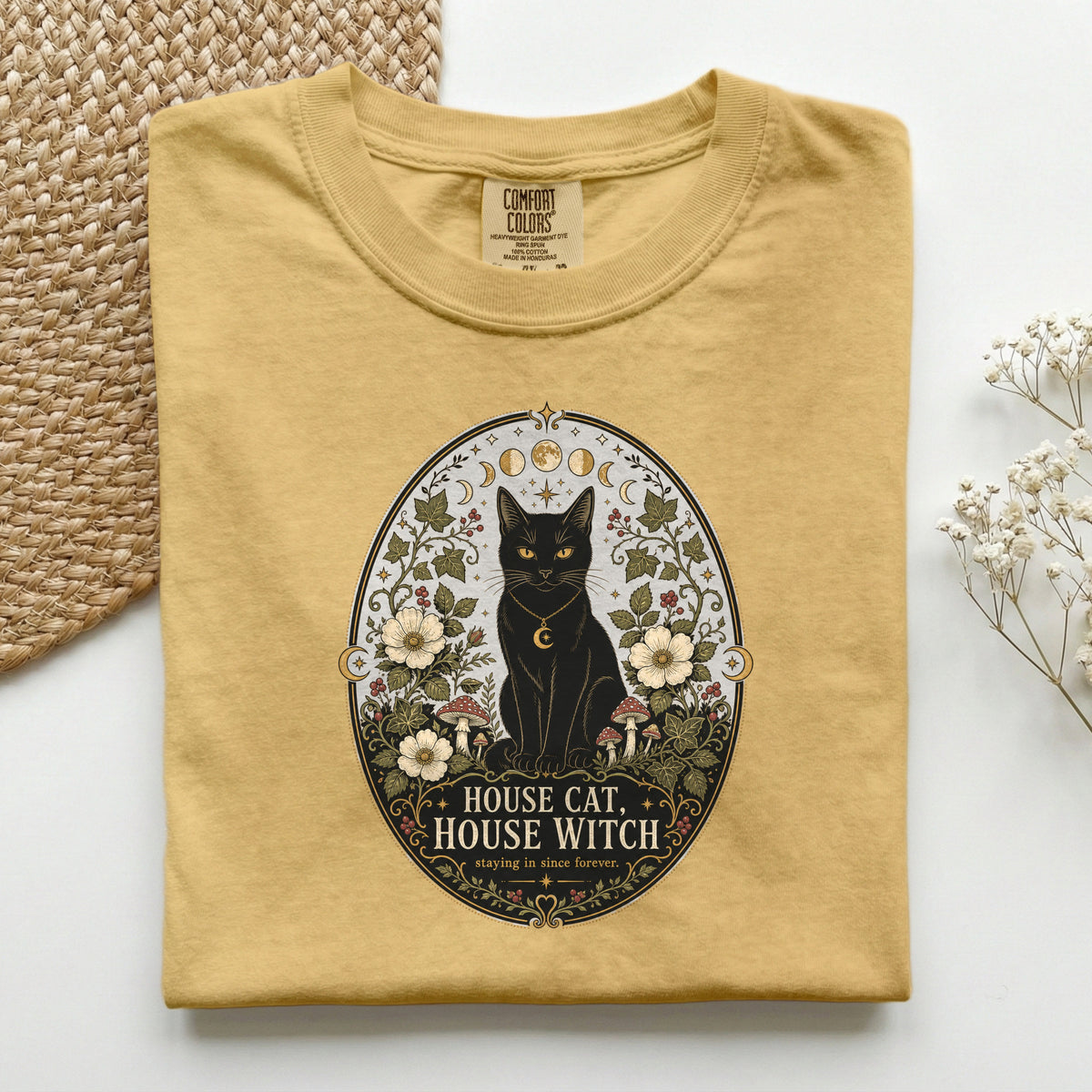 House Cat House Witch graphic tee in Mustard, folded flat lay