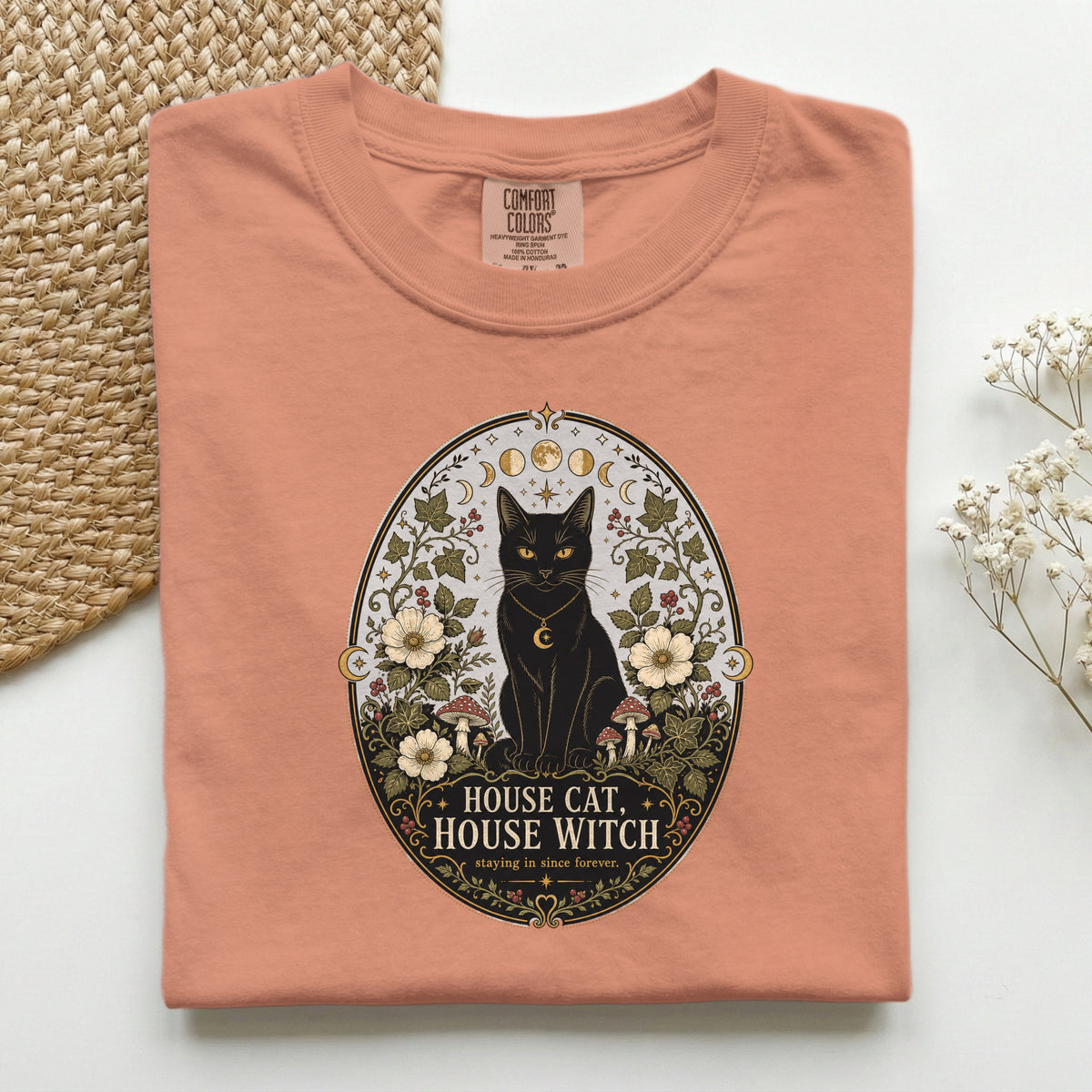 House Cat House Witch graphic tee in Terracotta, folded flat lay