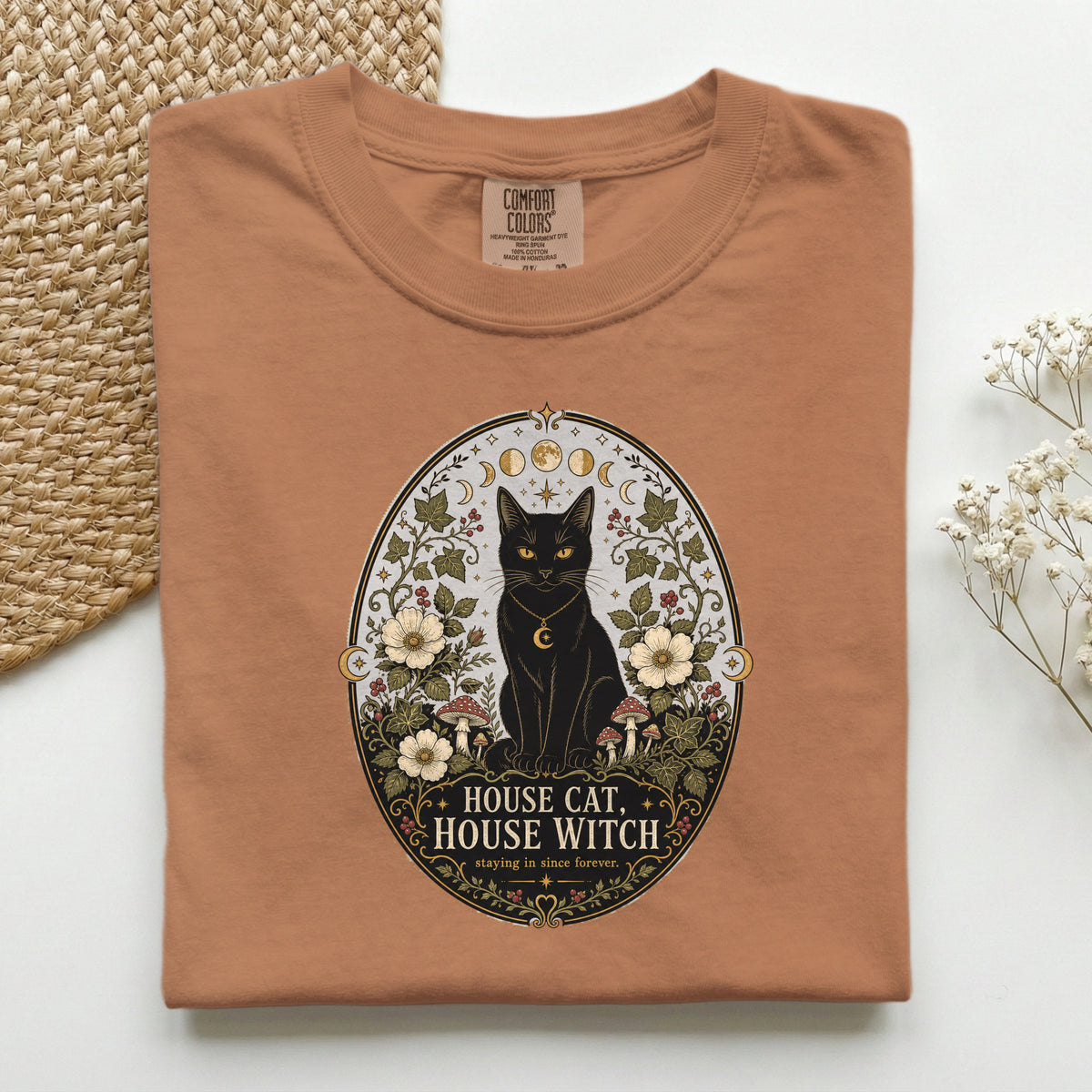 House Cat House Witch graphic tee in Yam, folded flat lay