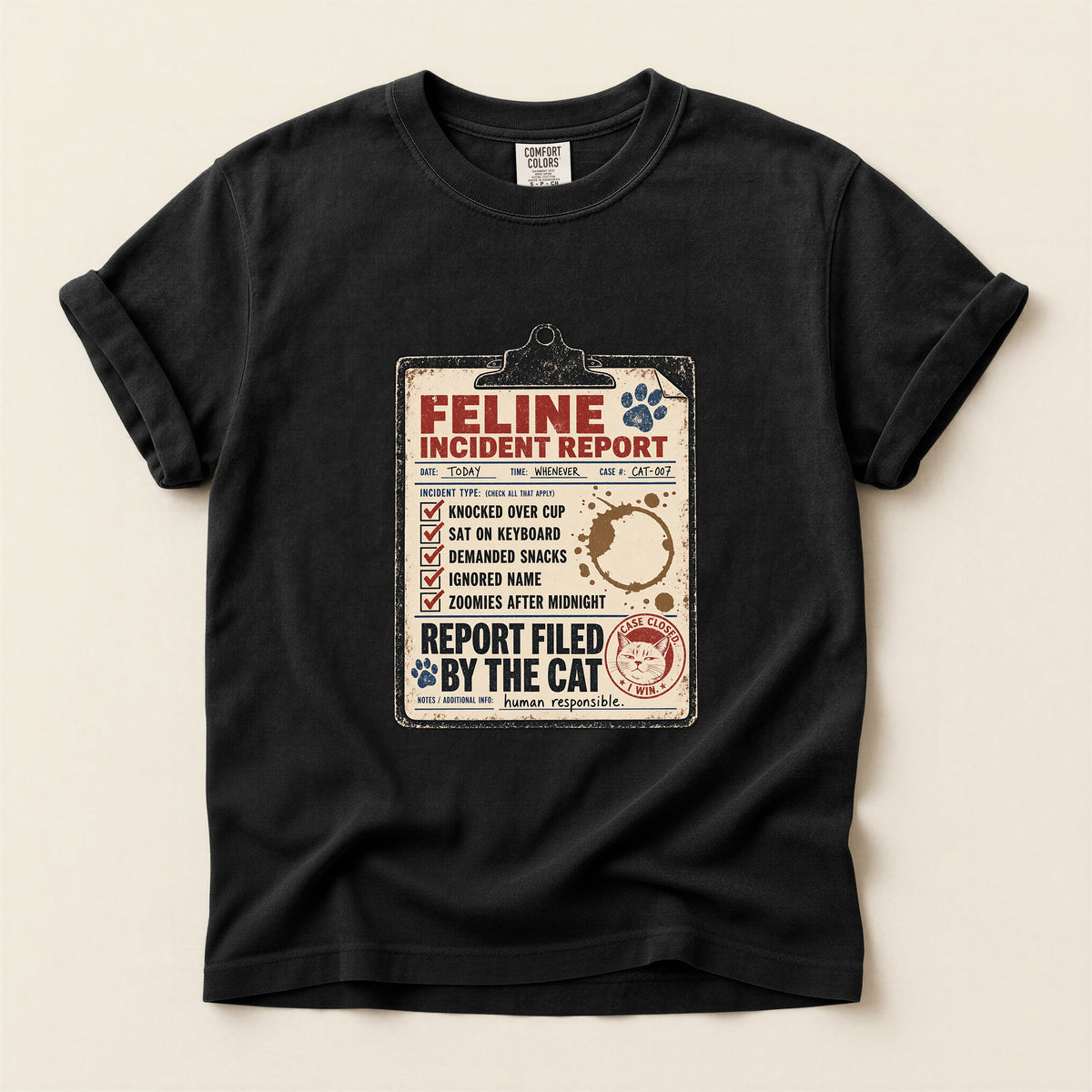 Feline Incident Report graphic tee in Burnt Orange, folded flat lay