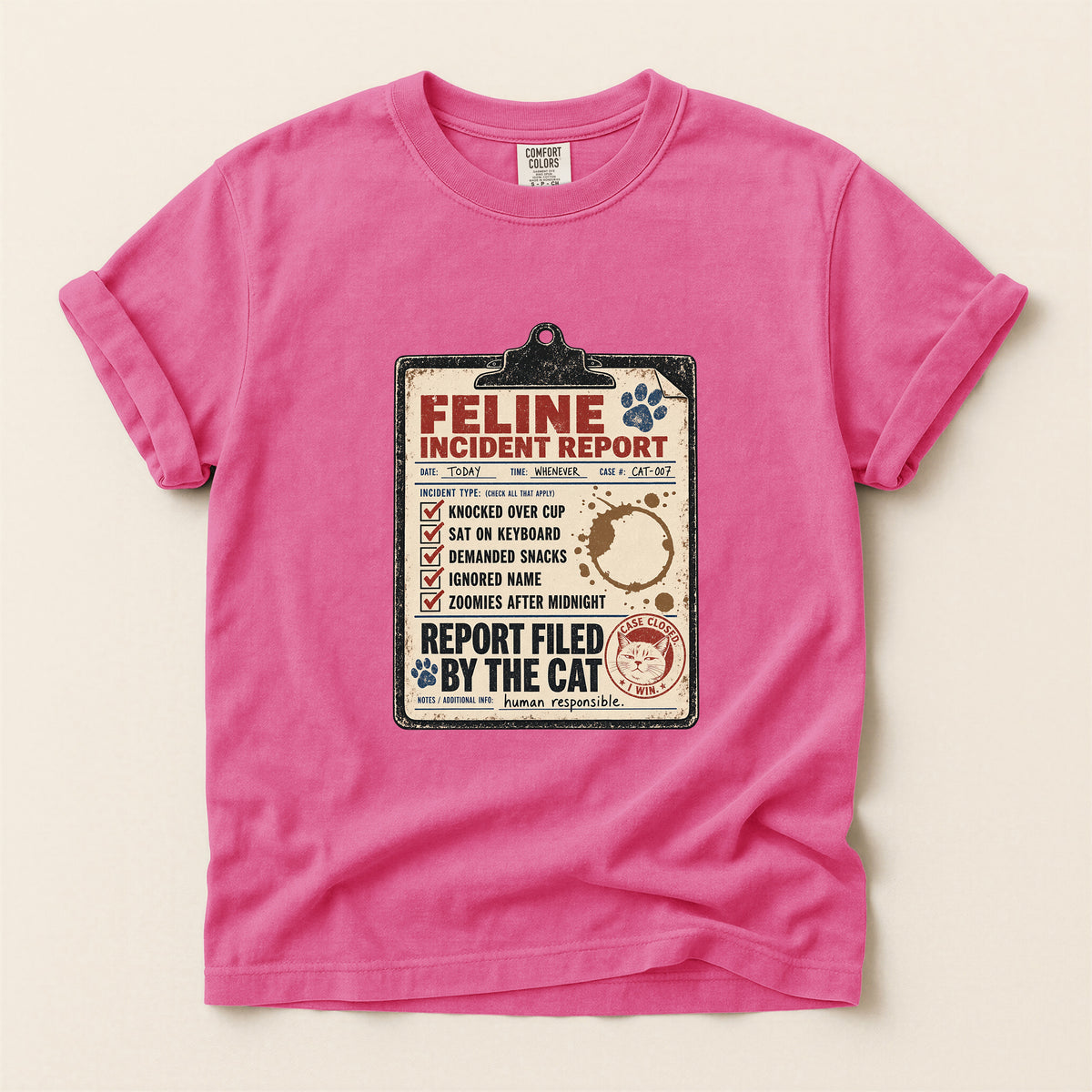 Feline Incident Report graphic tee in Mustard, folded flat lay