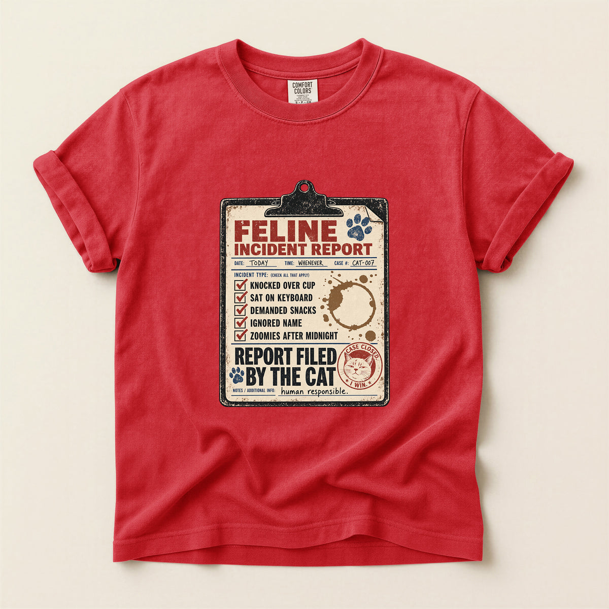 Feline Incident Report graphic tee in Watermelon, folded flat lay