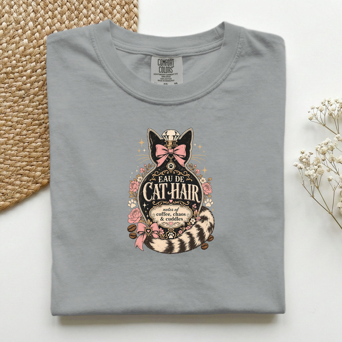 Eau De Cat Hair graphic tee in Granite, folded flat lay