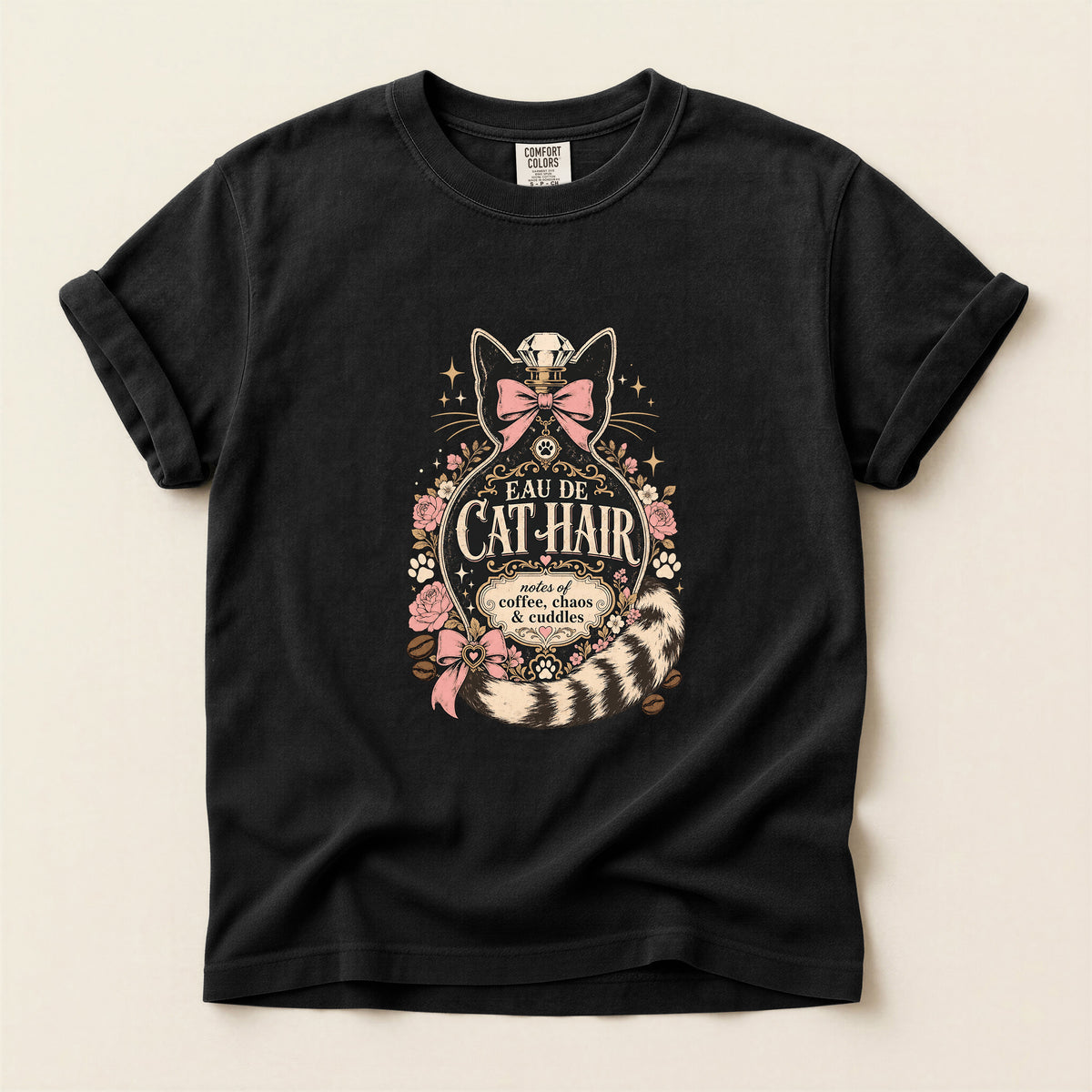 Eau De Cat Hair graphic tee in Black, folded flat lay