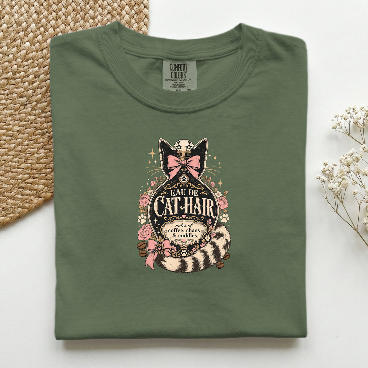 Eau De Cat Hair graphic tee in Hemp, folded flat lay