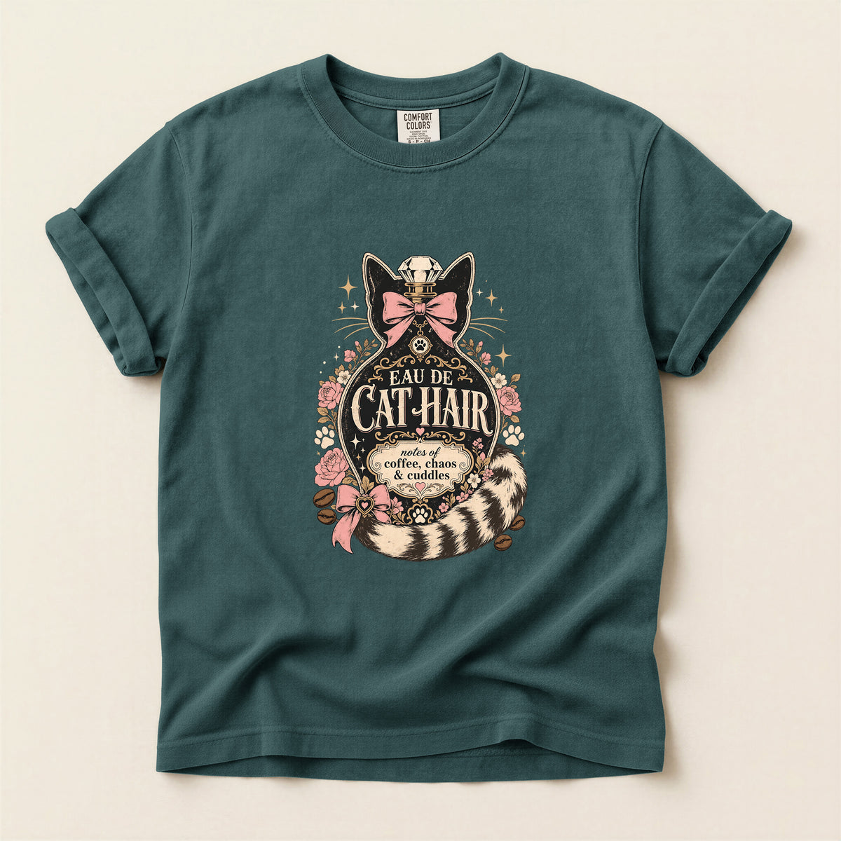Eau De Cat Hair graphic tee in Blue Spruce, folded flat lay