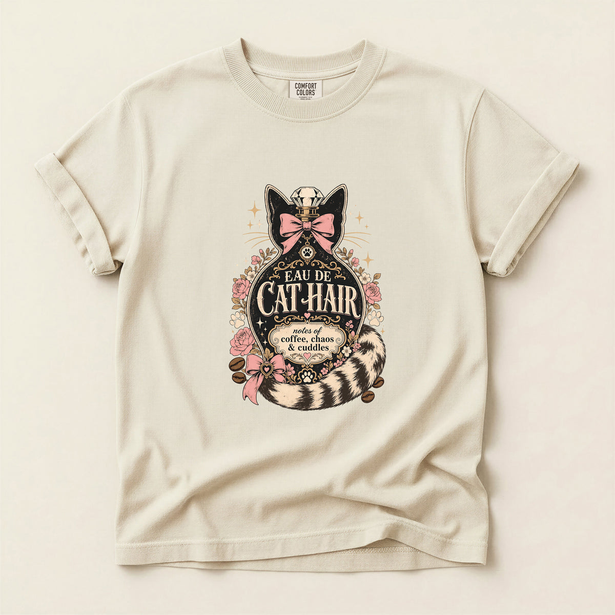 Eau De Cat Hair graphic tee in Ivory, folded flat lay