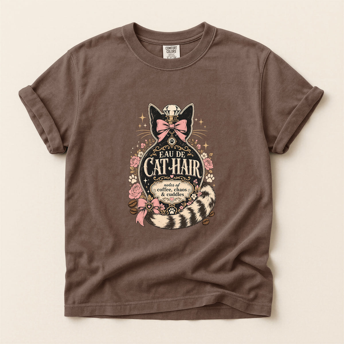 Eau De Cat Hair graphic tee in Espresso, folded flat lay