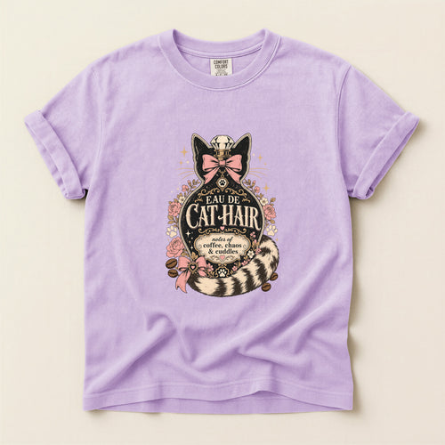 Eau De Cat Hair graphic tee in Orchid, folded flat lay
