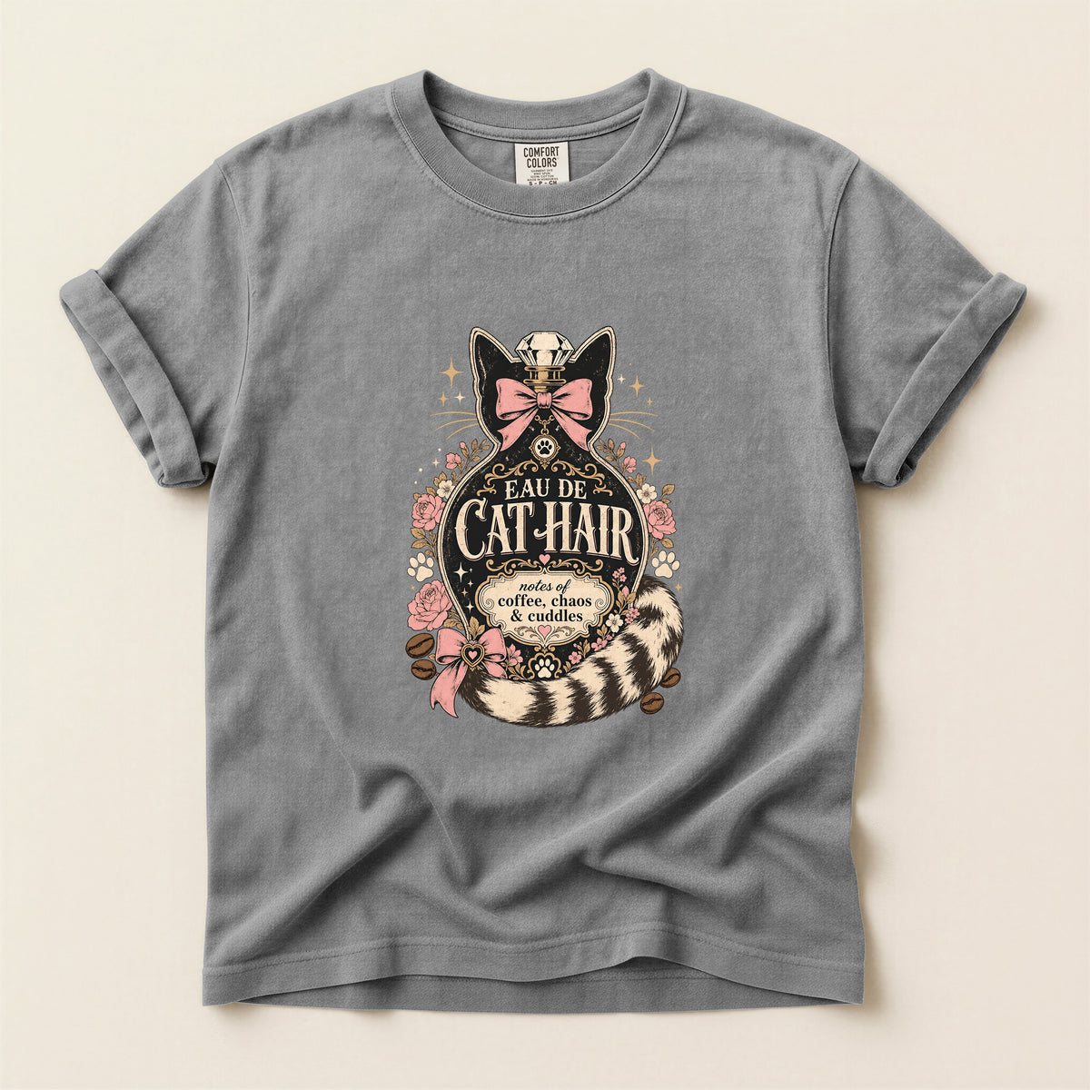 Eau De Cat Hair graphic tee in Grey, folded flat lay