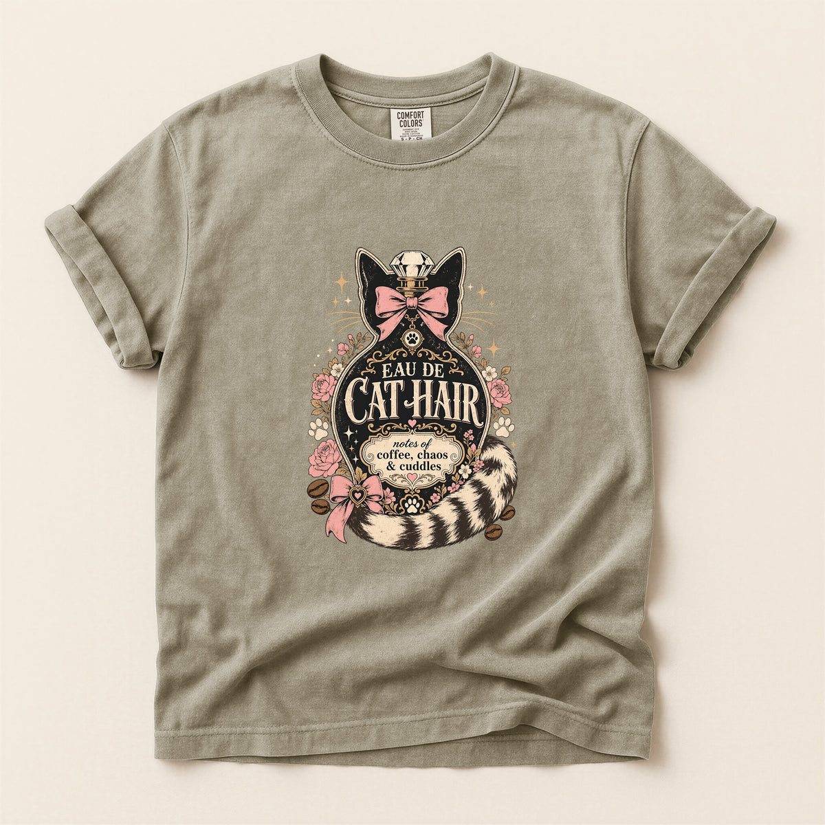 Eau De Cat Hair graphic tee in Khaki, folded flat lay