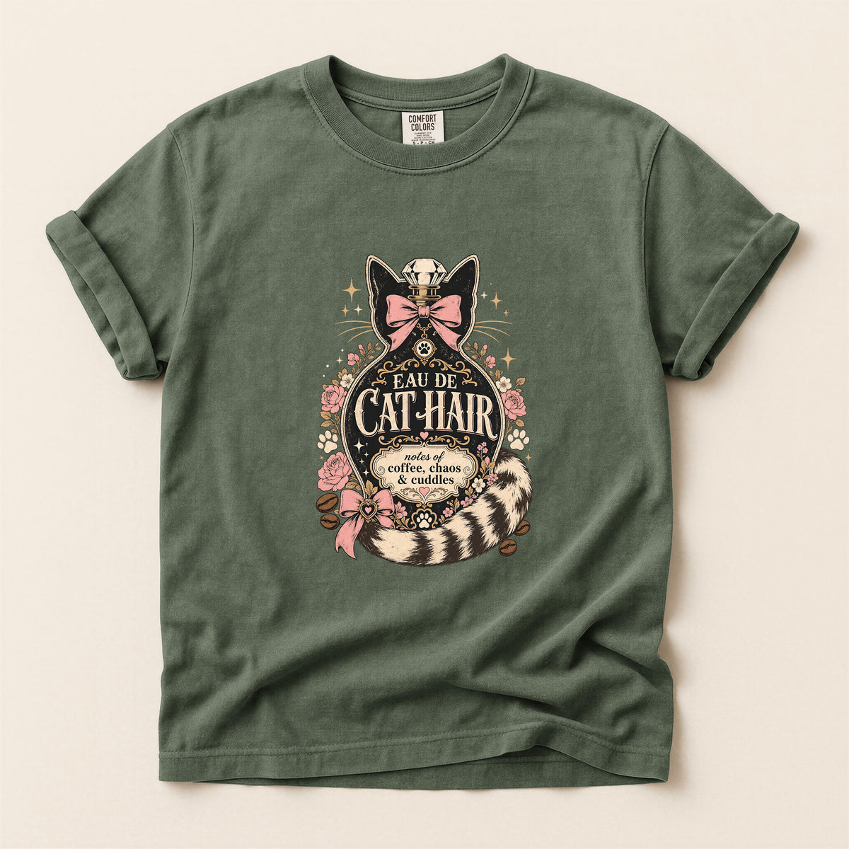 Eau De Cat Hair graphic tee in Moss, folded flat lay