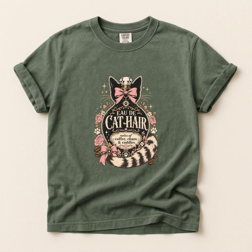Eau De Cat Hair graphic tee in Moss, folded flat lay