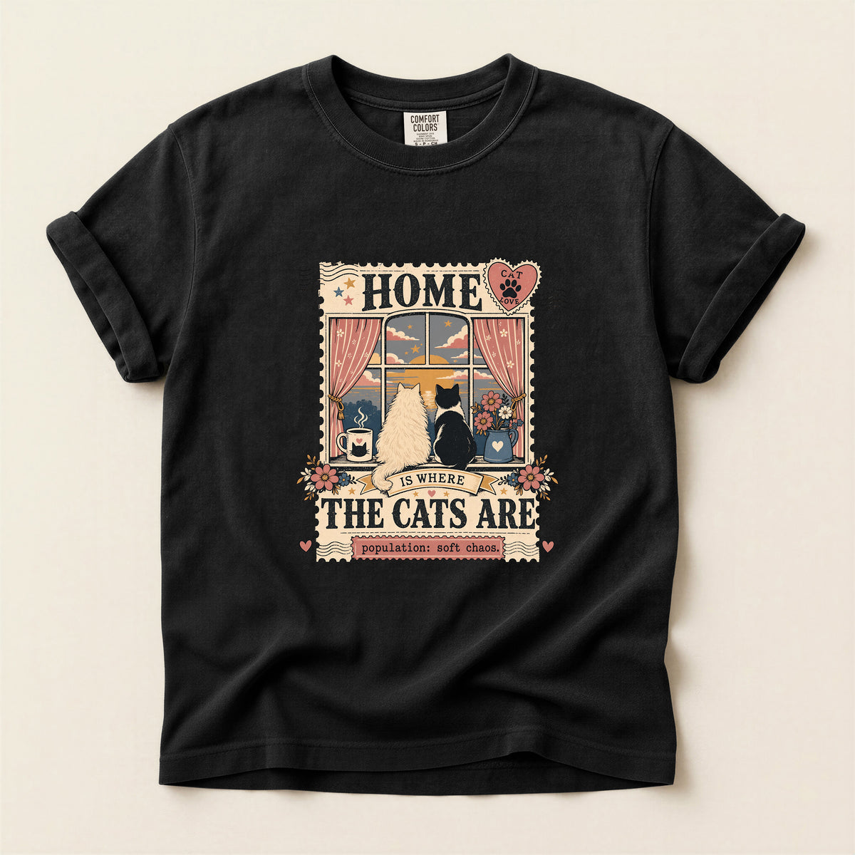 Home Is Where The Cats Are graphic tee in Black, folded flat lay