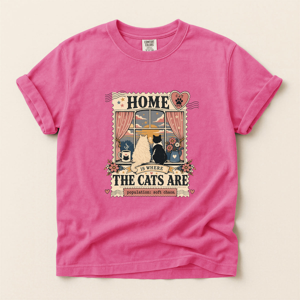 Home Is Where The Cats Are graphic tee in Crunchberry, folded flat lay