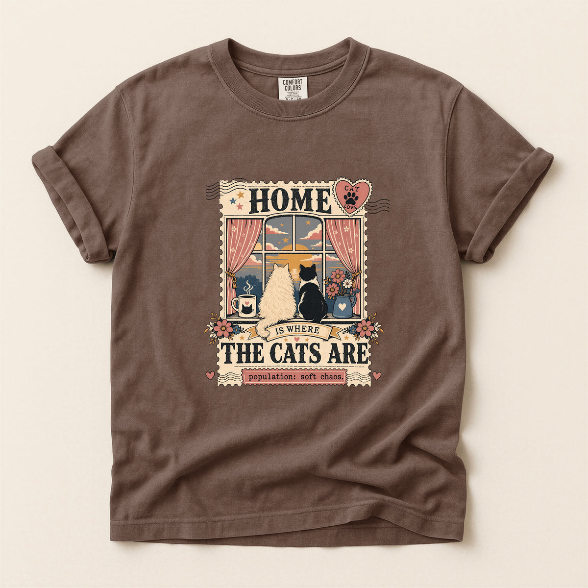 Home Is Where The Cats Are graphic tee in Espresso, folded flat lay