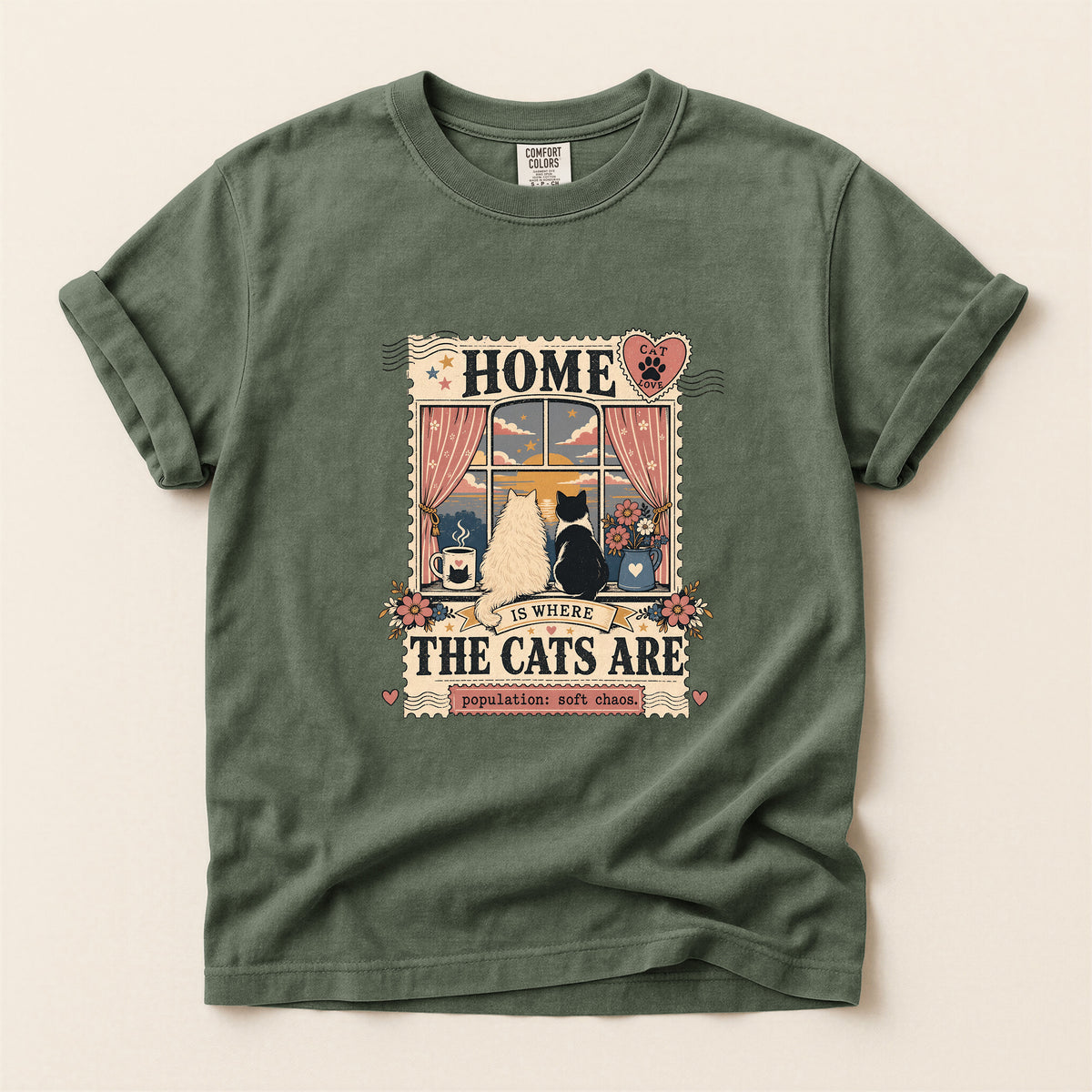 Home Is Where The Cats Are graphic tee in Moss, folded flat lay