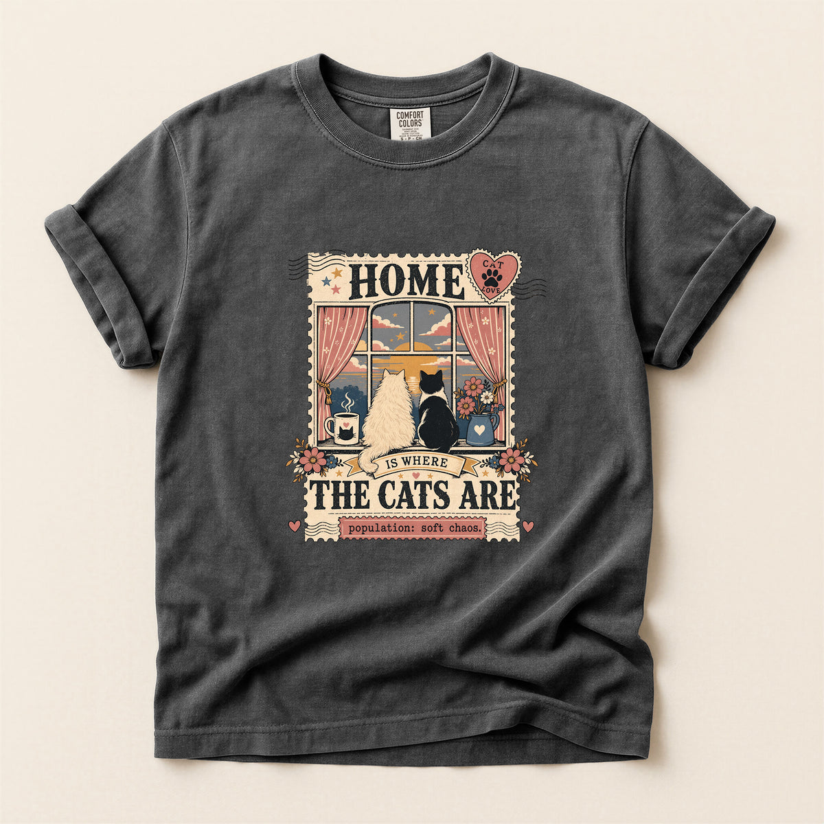Home Is Where The Cats Are graphic tee in Pepper, folded flat lay