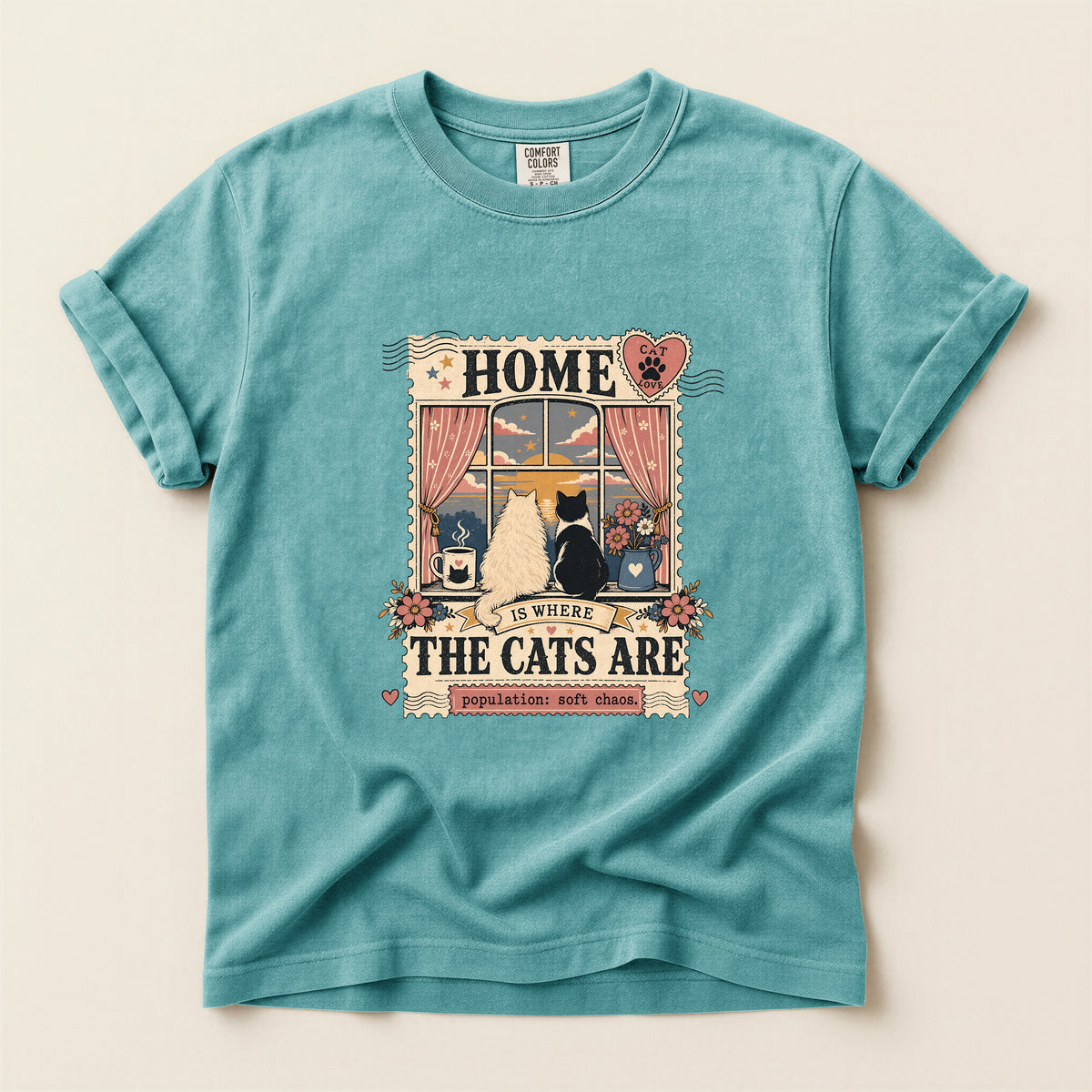 Home Is Where The Cats Are graphic tee in Seafoam, folded flat lay