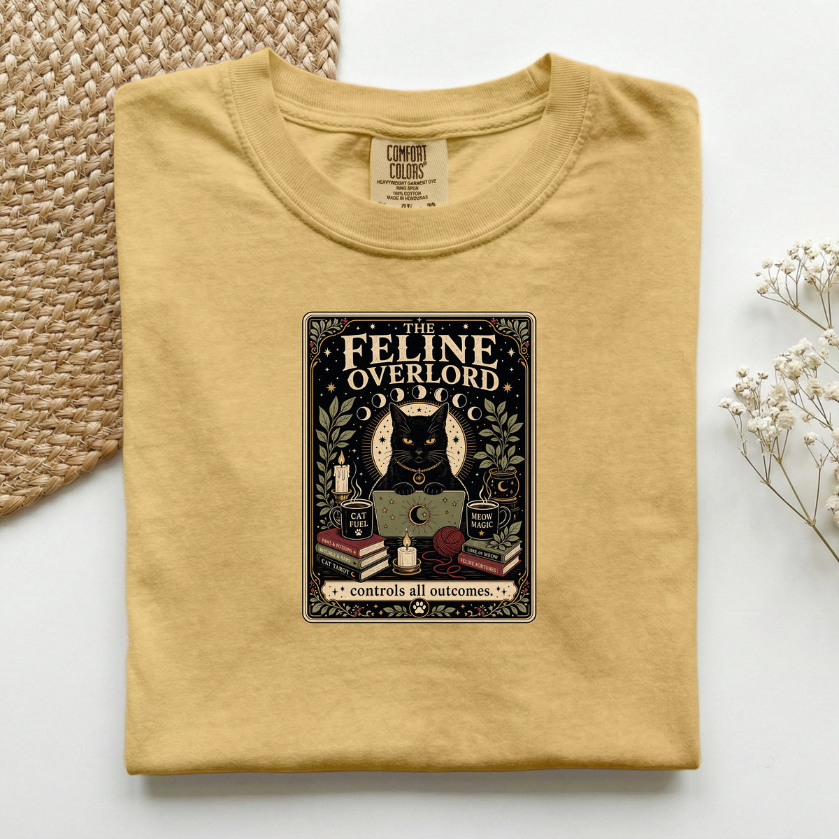 The Feline Overlord graphic tee in Black, folded flat lay
