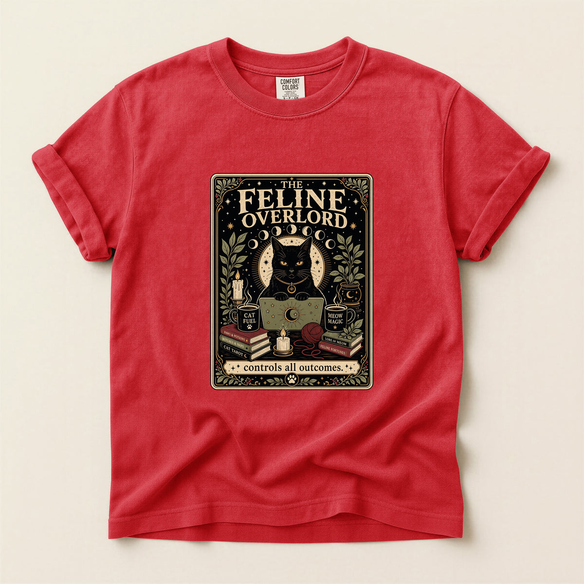 The Feline Overlord graphic tee in Crunchberry, folded flat lay