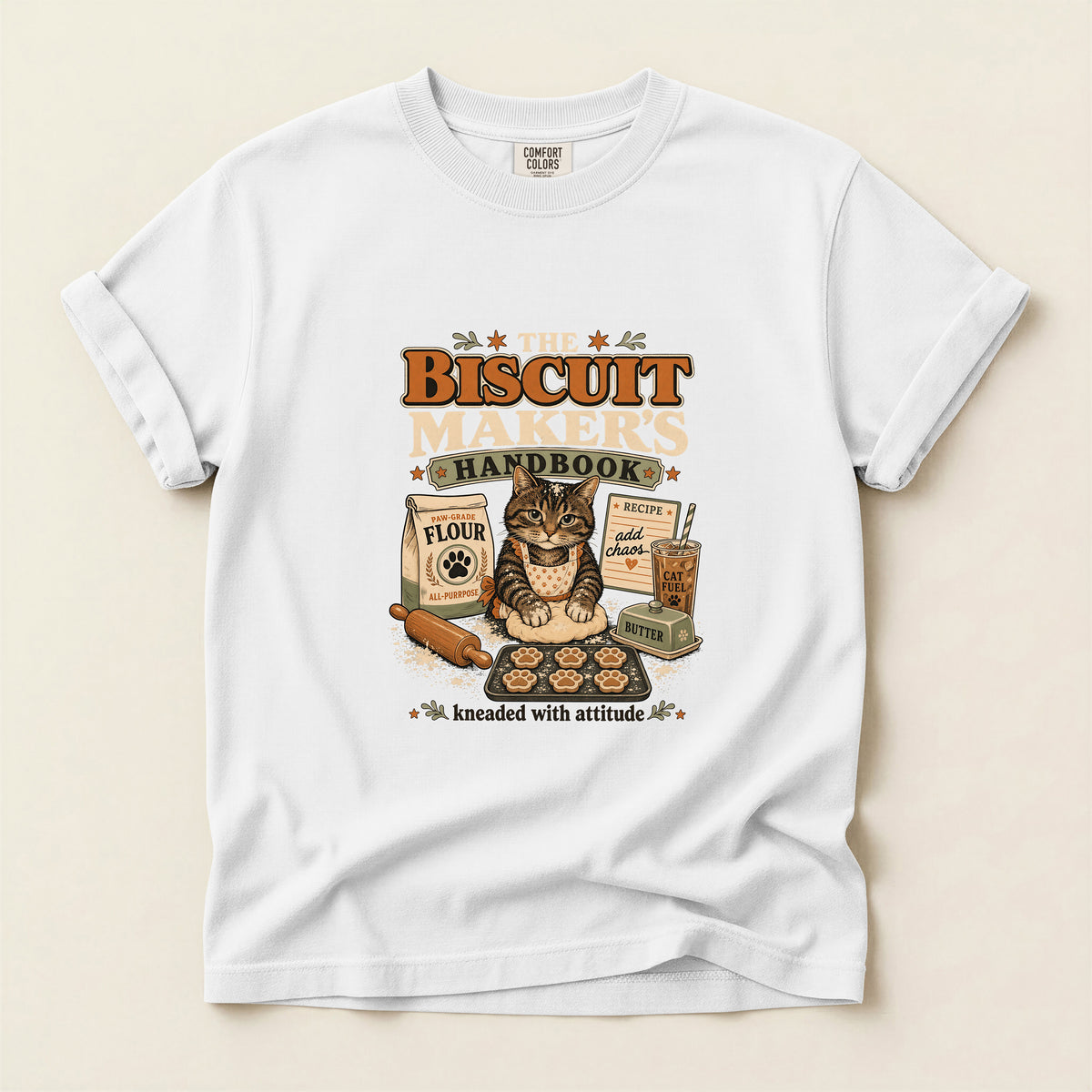 The Biscuit Maker's Handbook graphic tee, product photo on white background